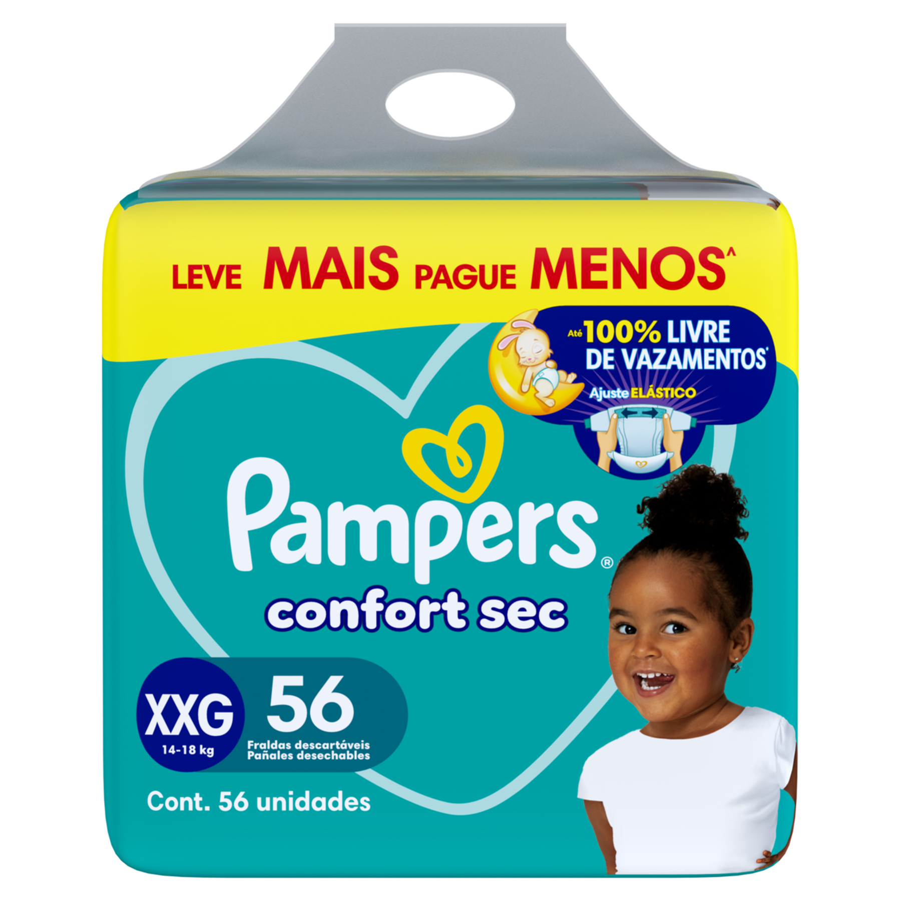 Fralda Descart&aacute;vel Infantil Confort Sec Pampers Tam. XXG Pacote C/56 Unidades - Embalagem Leve Mais Pague Menos