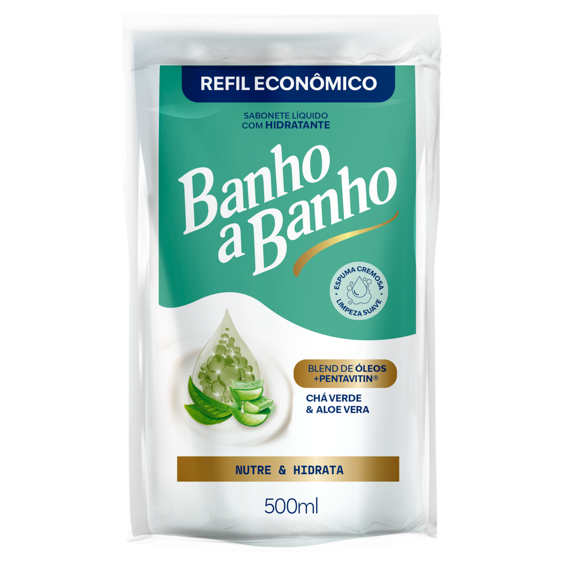 Sabonete L&iacute;quido Hidratante Ch&aacute; Verde e Aloe Vera Banho a Banho Sach&ecirc; 500ml - Refil Econ&ocirc;mico