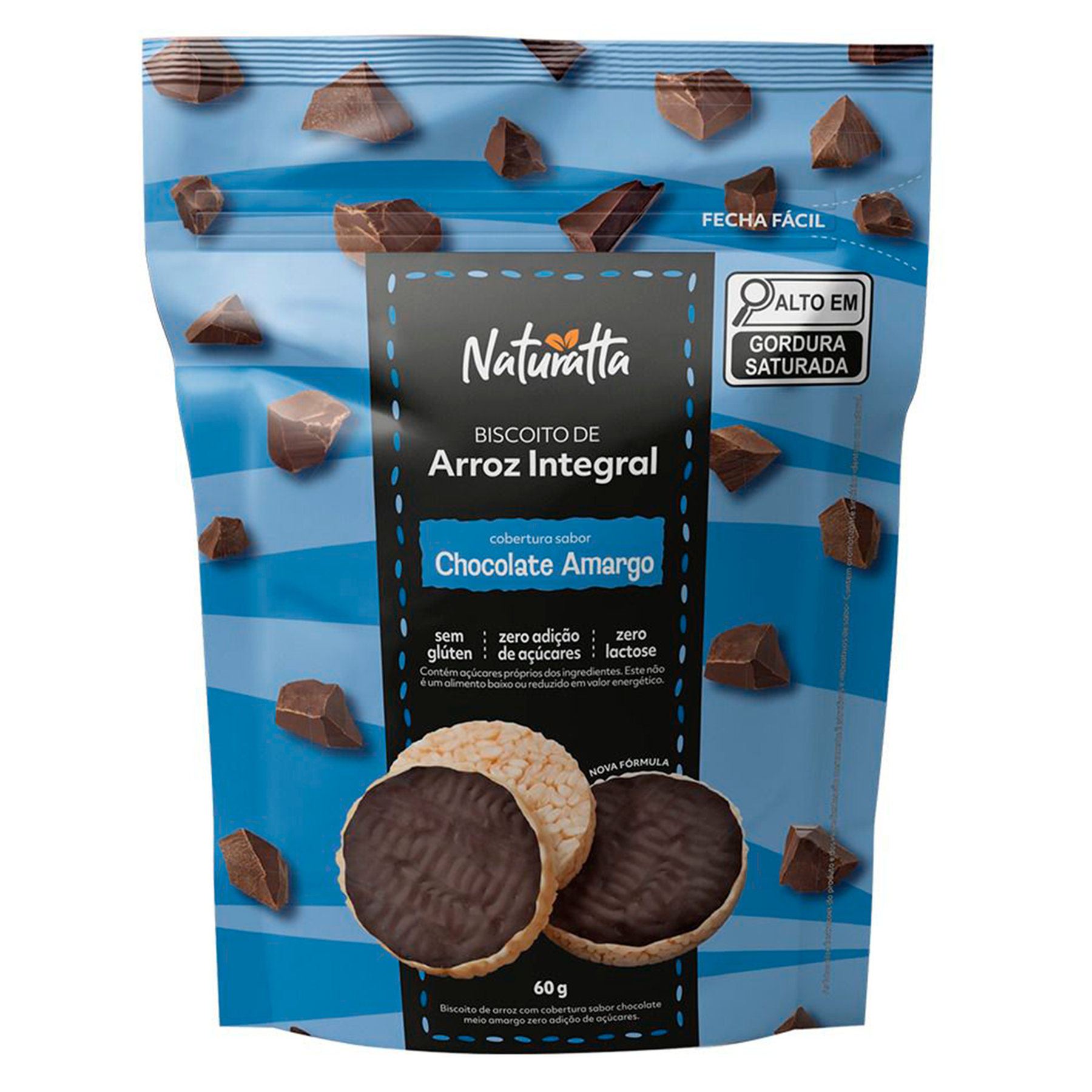 Biscoito Arroz Integral Chocolate Amargo Naturatta Pacote 60g
