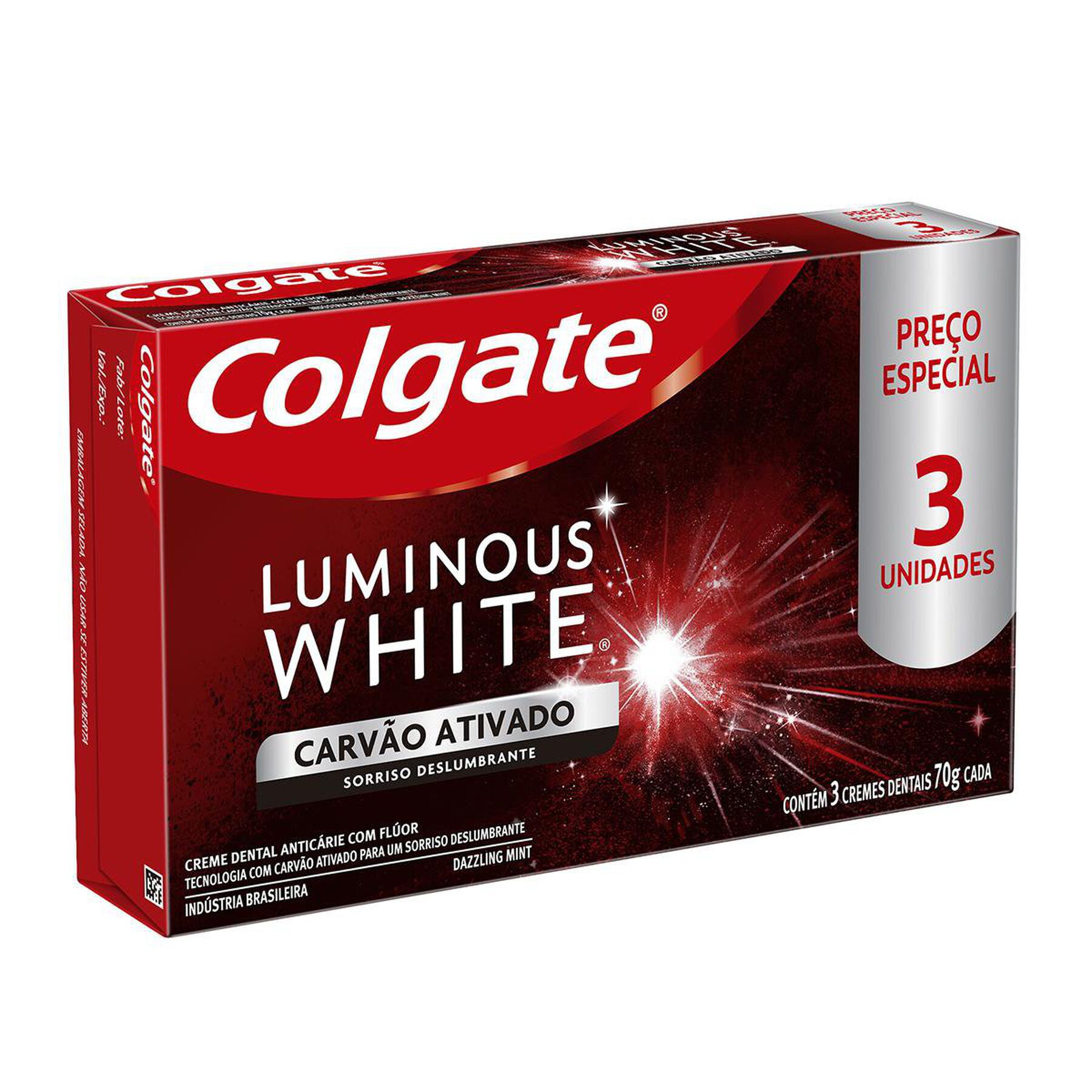 Creme Dental Clareador Colgate Luminous White Carvão Ativado 70g 3 unidades