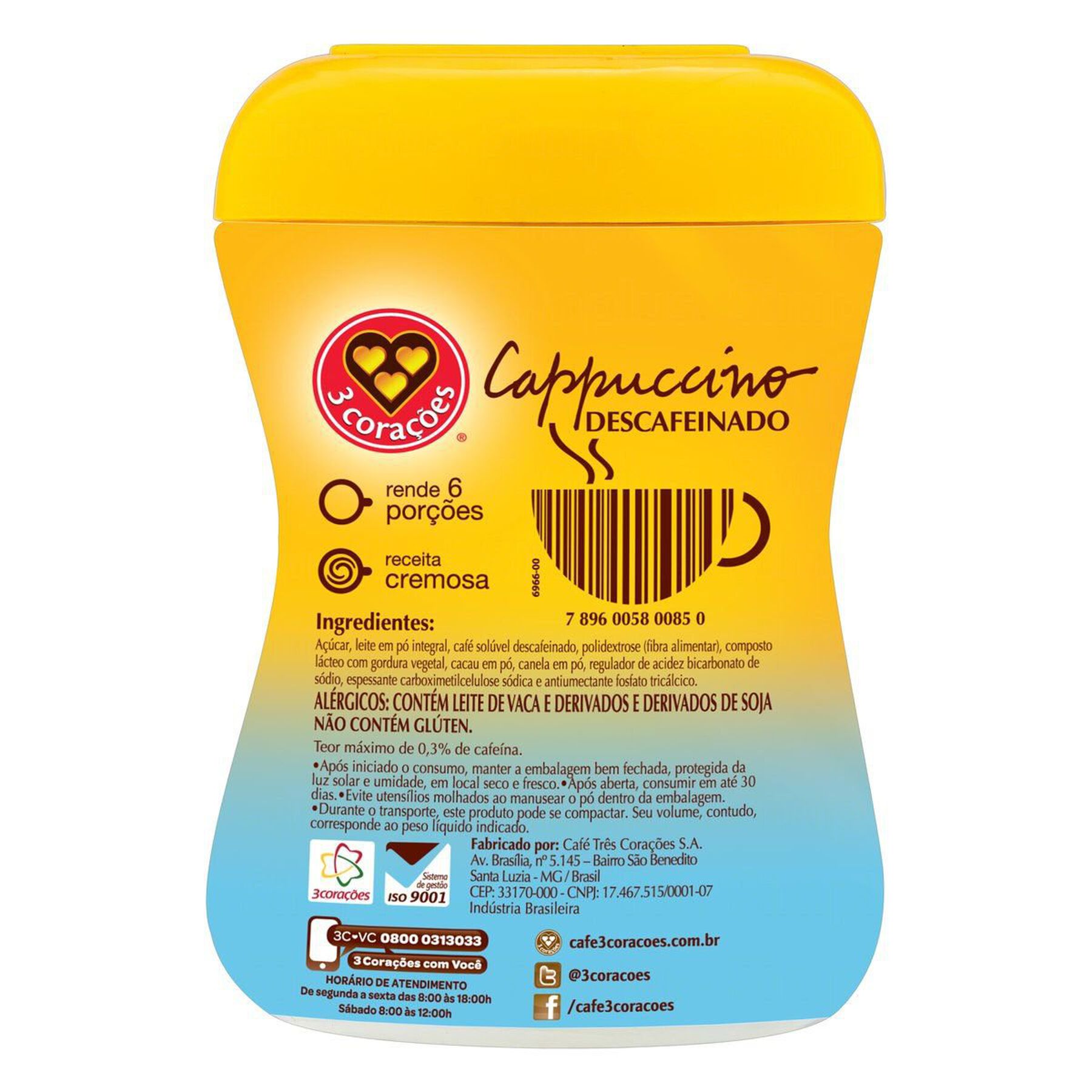 Cappuccino Solúvel Descafeinado 3 Corações Pote 200g