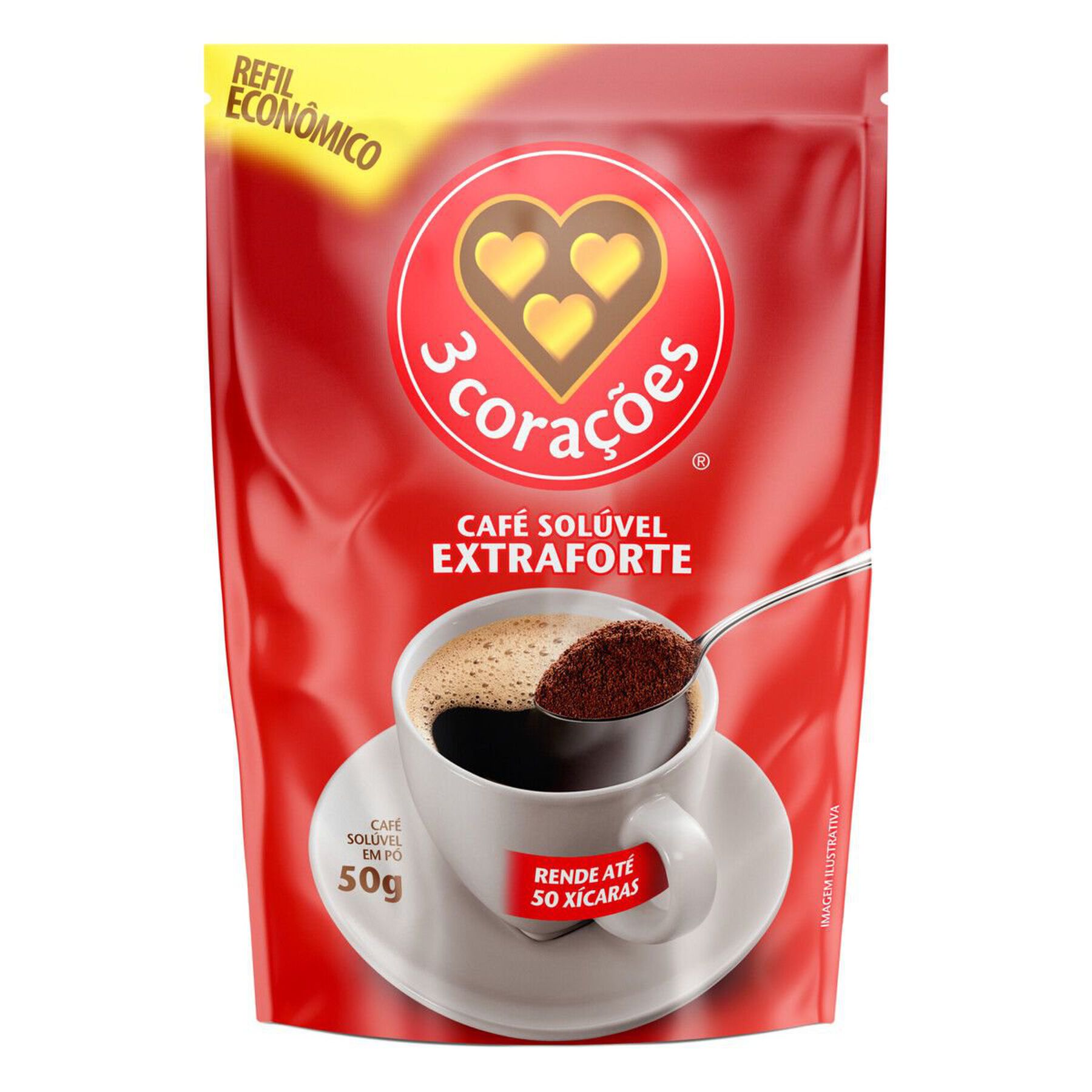 Café Solúvel em Pó Extraforte 3 Corações Sachê 50g - Refil Econômico