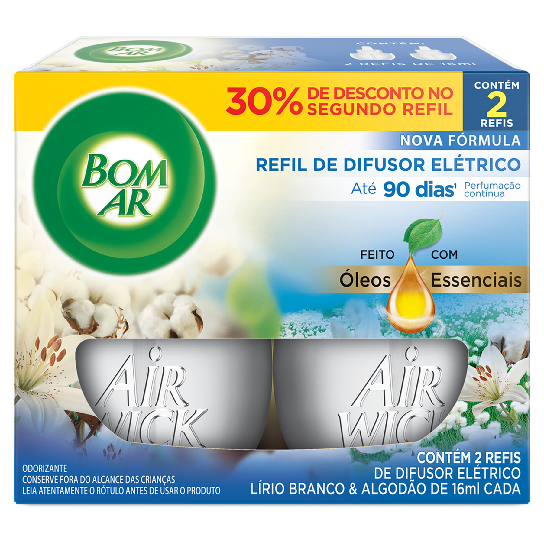 Pack Difusor de Ambiente El&eacute;trico L&iacute;rio Branco & Algod&atilde;o Bom Ar Air Wick Caixa 2 Unidades 16ml Cada Gr&aacute;tis 30% de Desconto no Segundo Refil