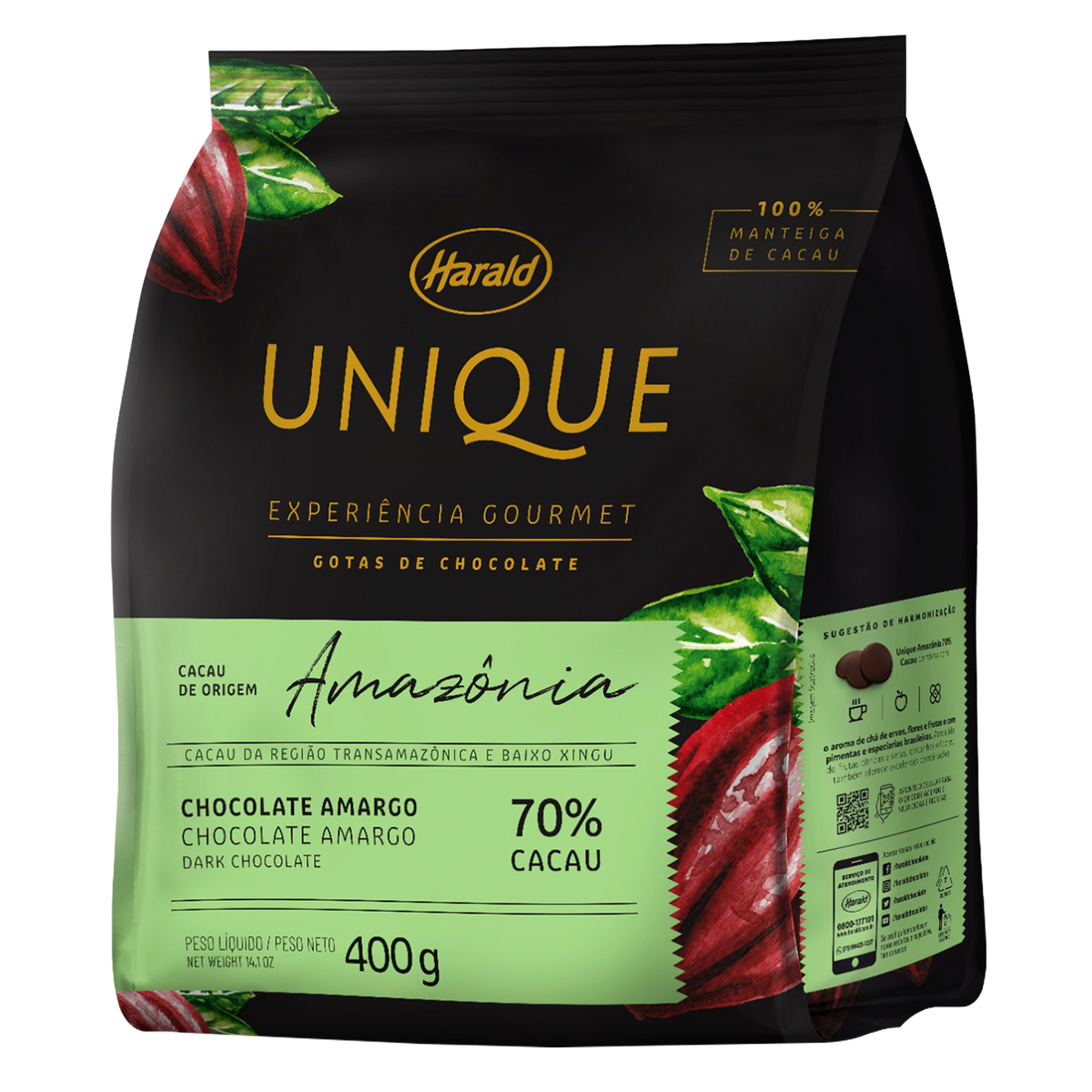 Chocolate Amargo em Gotas 70% Cacau Amazônia Unique Harald Pacote 400g