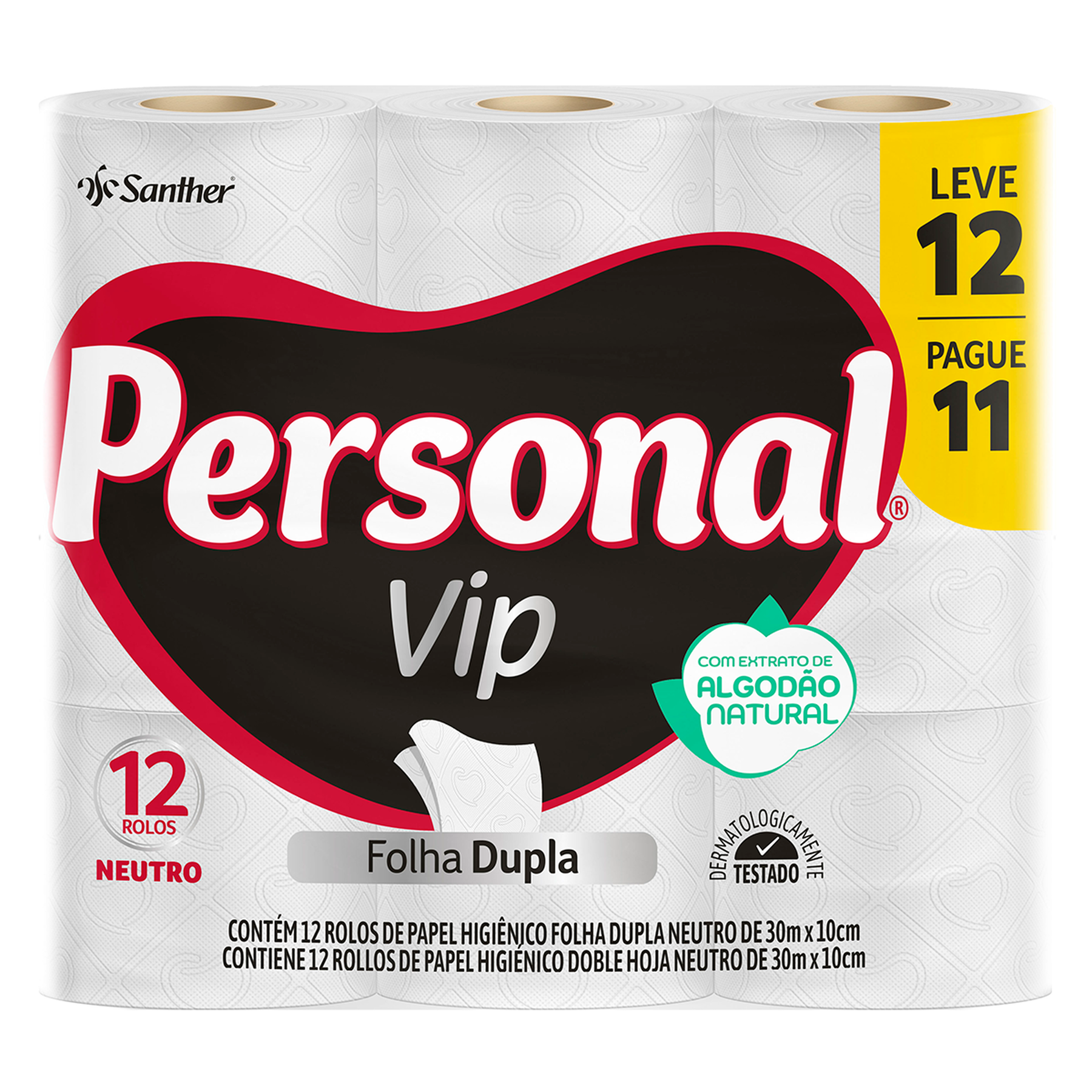 Papel Higiênico Folha Dupla Neutro Personal Vip 30m Pacote Leve 12 Pague 11 Unidades