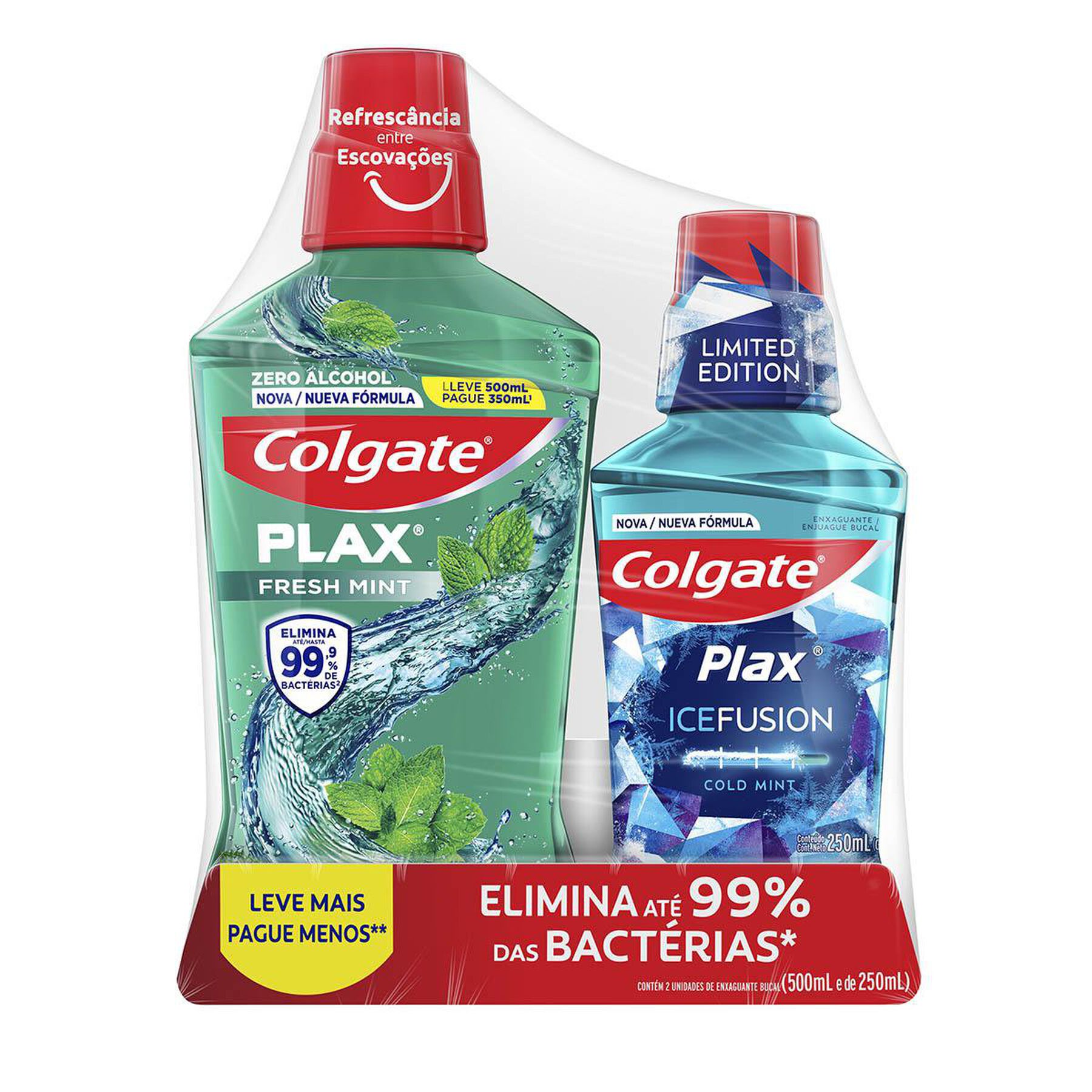 Enxaguante Bucal Zero &Aacute;lcool Fresh Mint Colgate Plax - Embalagem Leve 500ml Pague 350ml + Ice Fusion Cold Mint 250ml