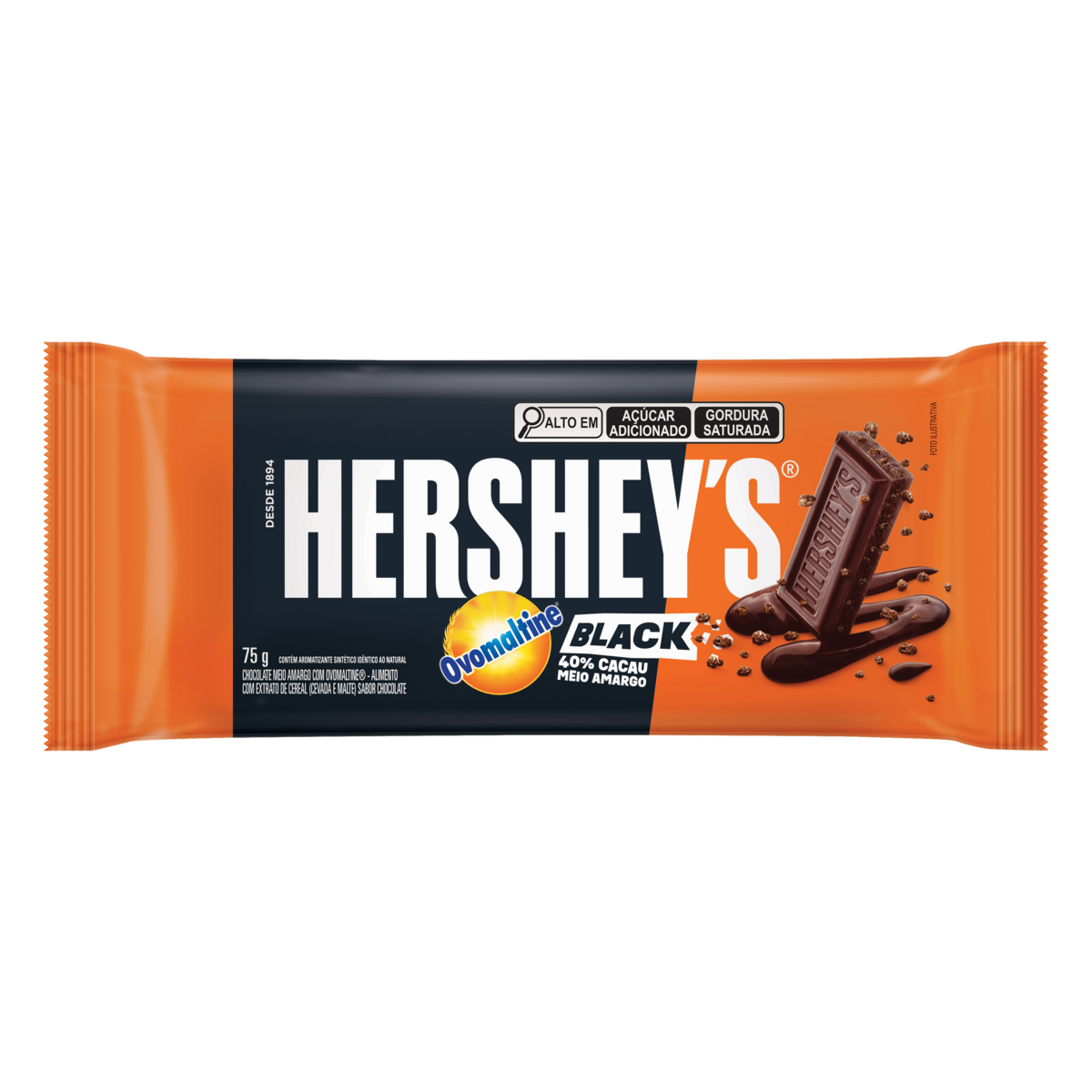 Chocolate Meio Amargo 40% Cacau com Ovomaltine Black Hershey's Pacote 75g&nbsp;