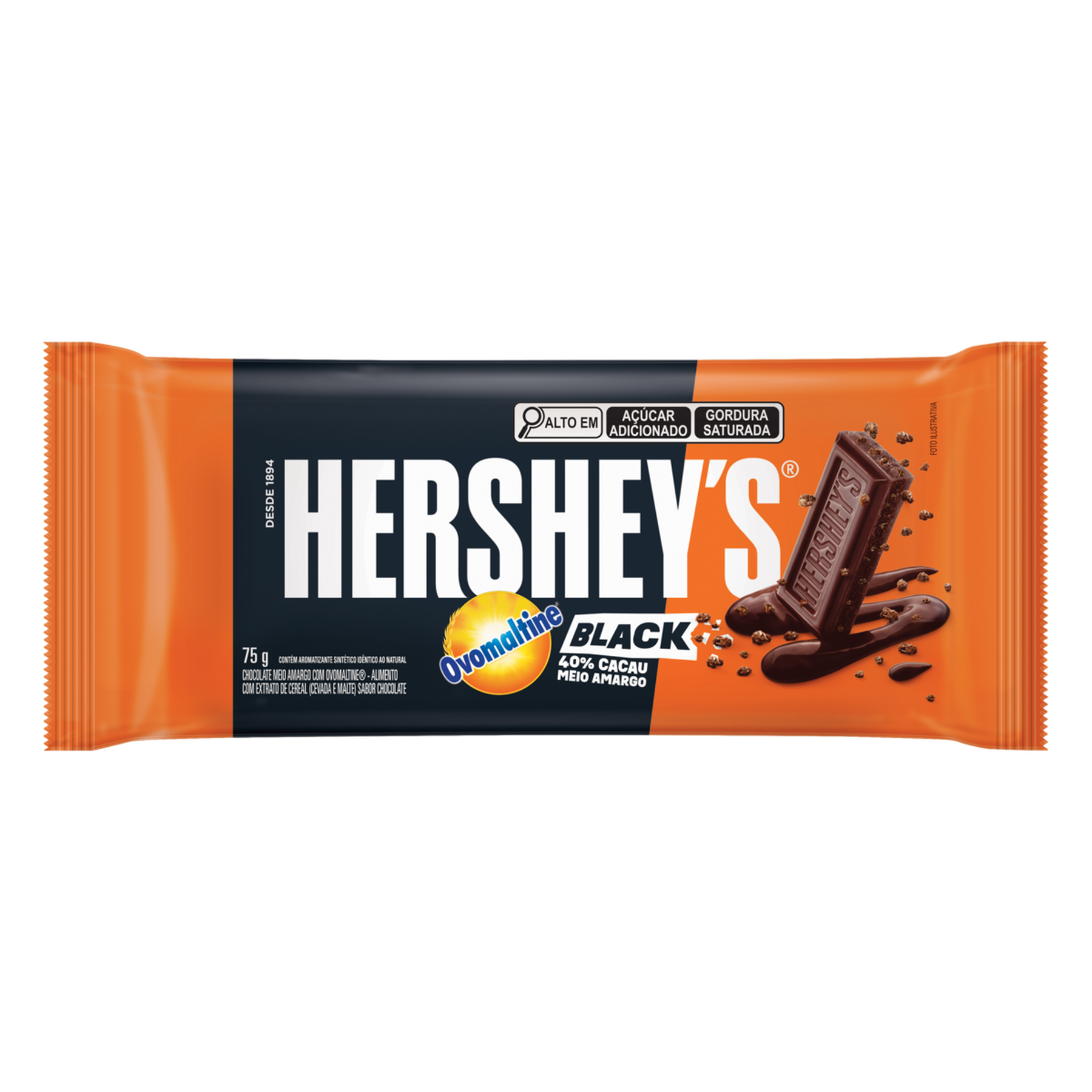 Chocolate Meio Amargo 40% Cacau com Ovomaltine Black Hershey's Pacote 75g