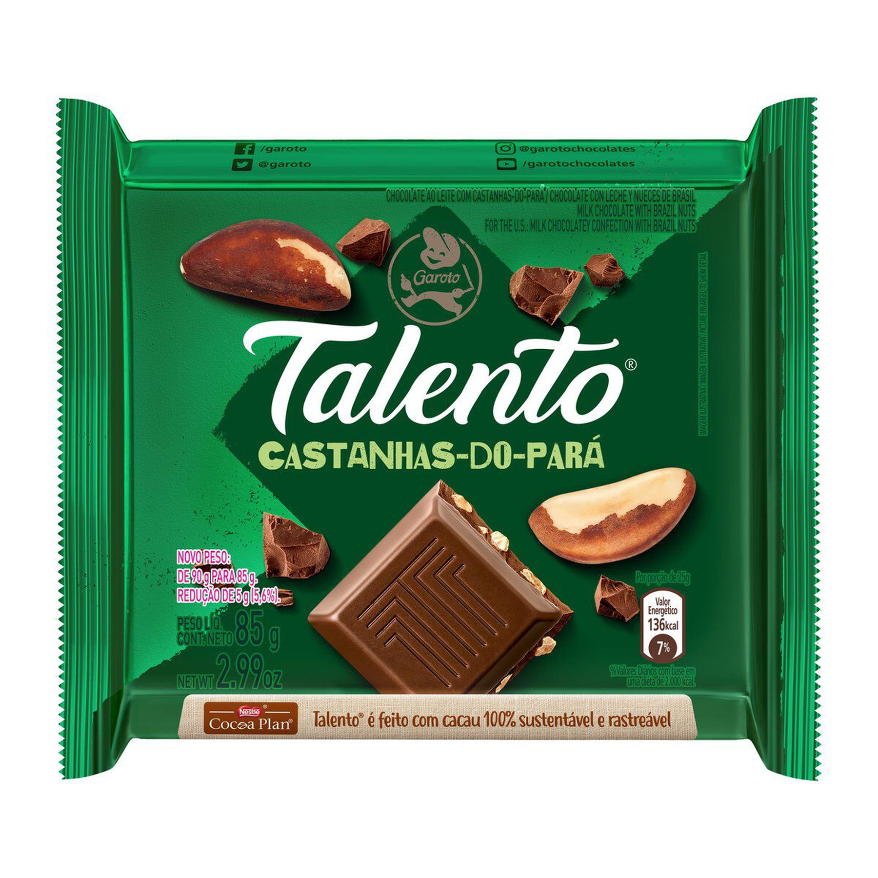 Chocolate ao Leite com Castanhas-do-Par&aacute; Garoto Talento Pacote 85g&nbsp;
