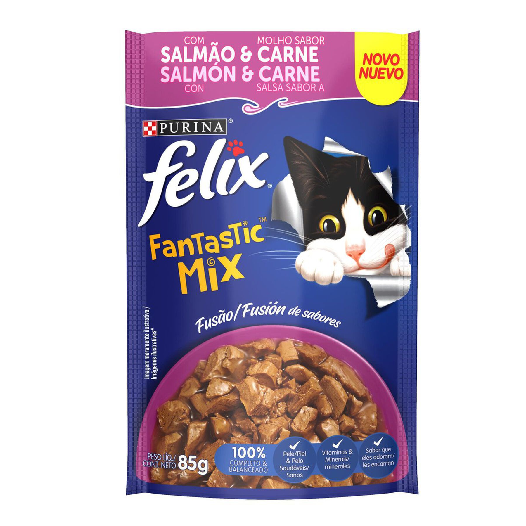 Alimento para Gatos Adultos Salm&atilde;o e Carne Purina Felix Fantastic Mix Sach&ecirc; 85g