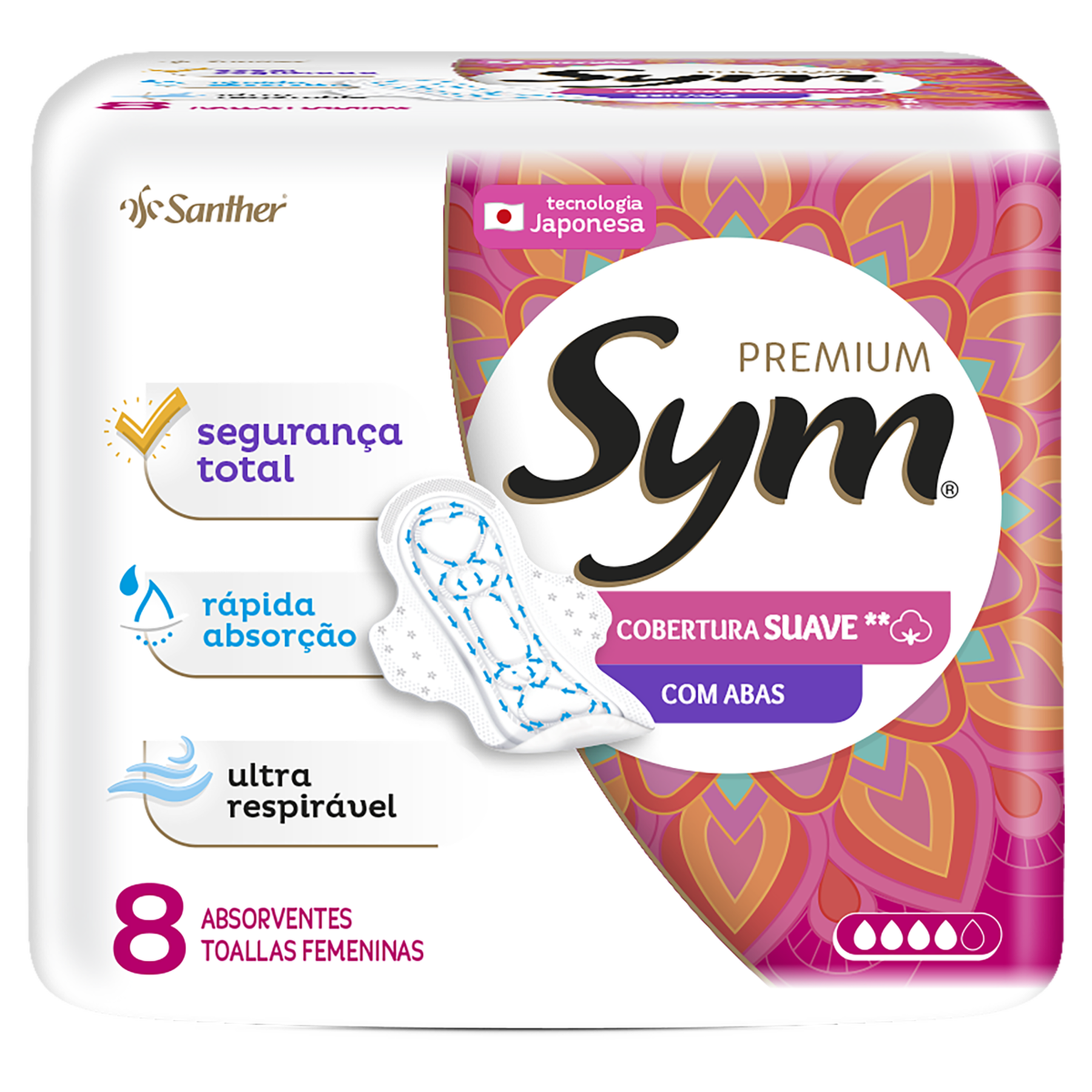 Absorvente com Abas Ultrarrespir&aacute;vel Suave Premium Sym Pacote 8 Unidades