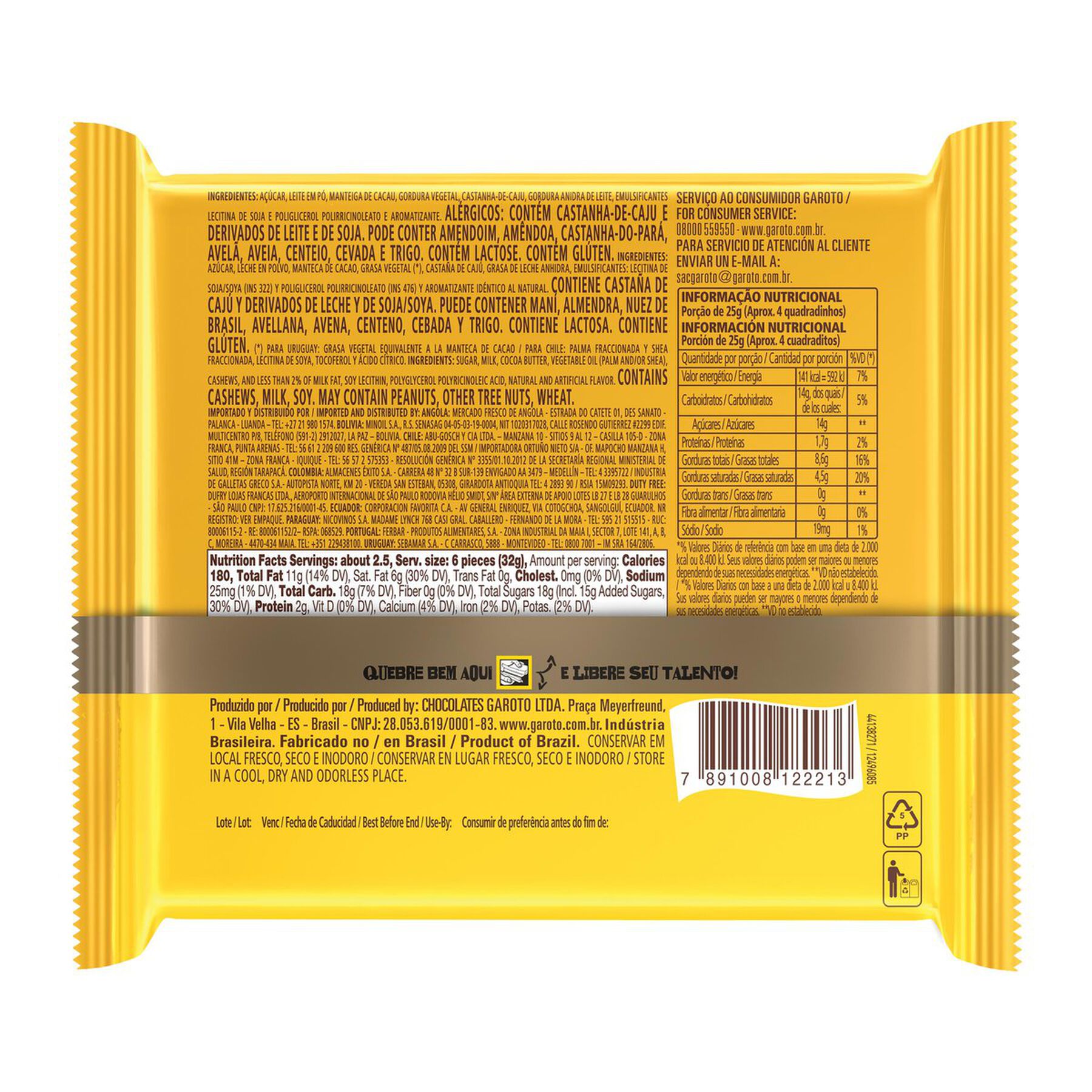 Chocolate Branco Opereta Recheio Castanha-de-Caju Garoto Talento Pacote 85g