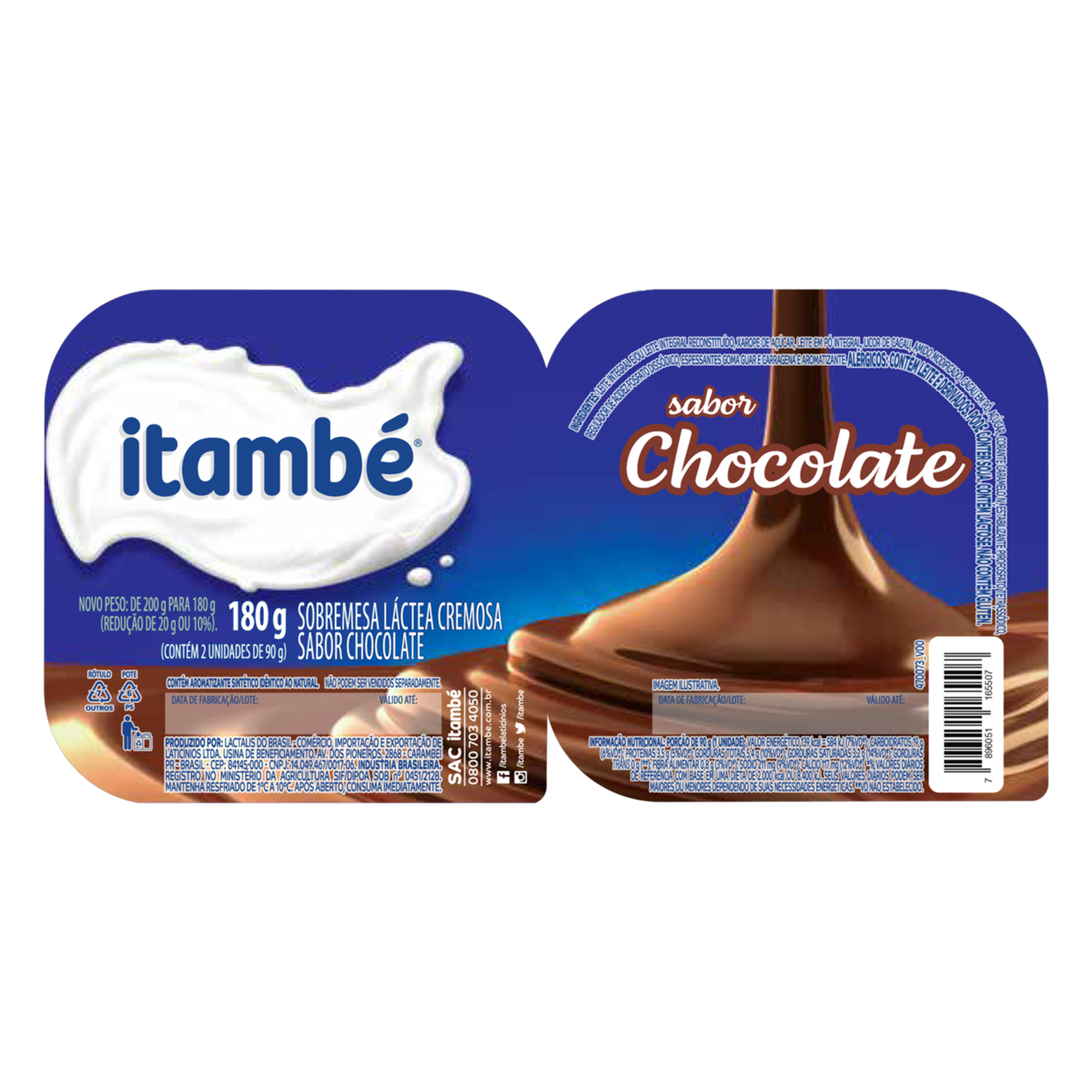 Sobremesa Láctea Chocolate Itambé Bandeja 180g 2 Unidades