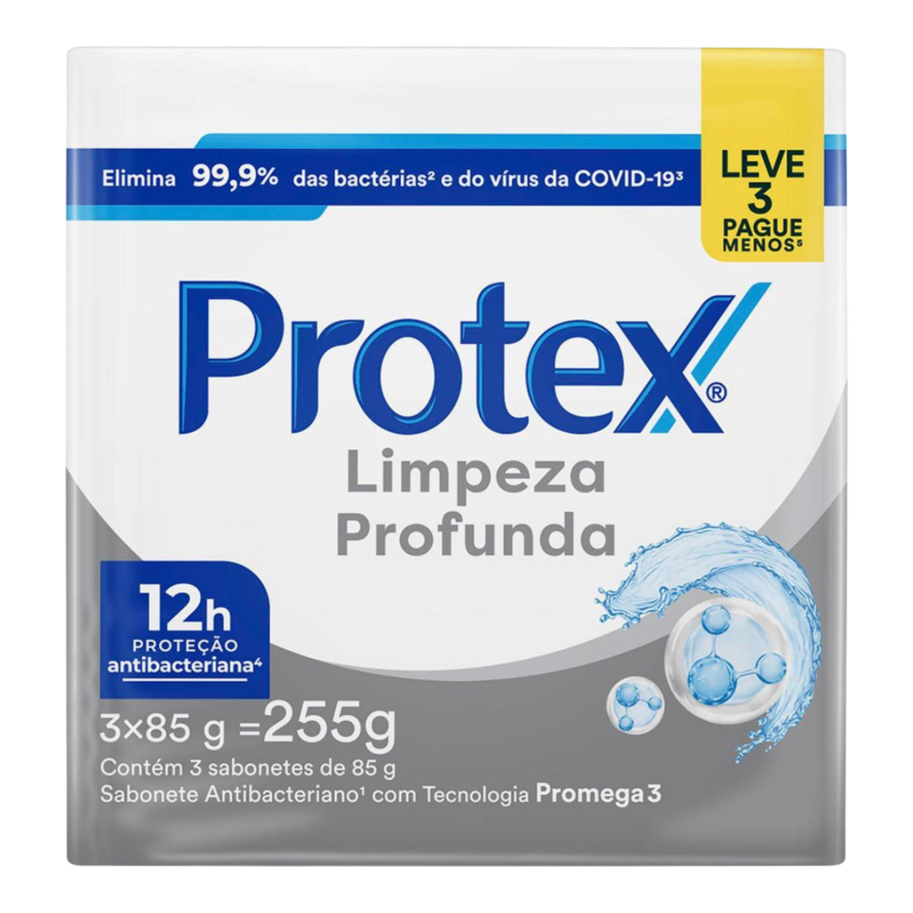 Pack Sabonete Barra Antibacteriano Protex Limpeza Profunda Envolt&oacute;rio 255g 3 Unidades 85g Cada