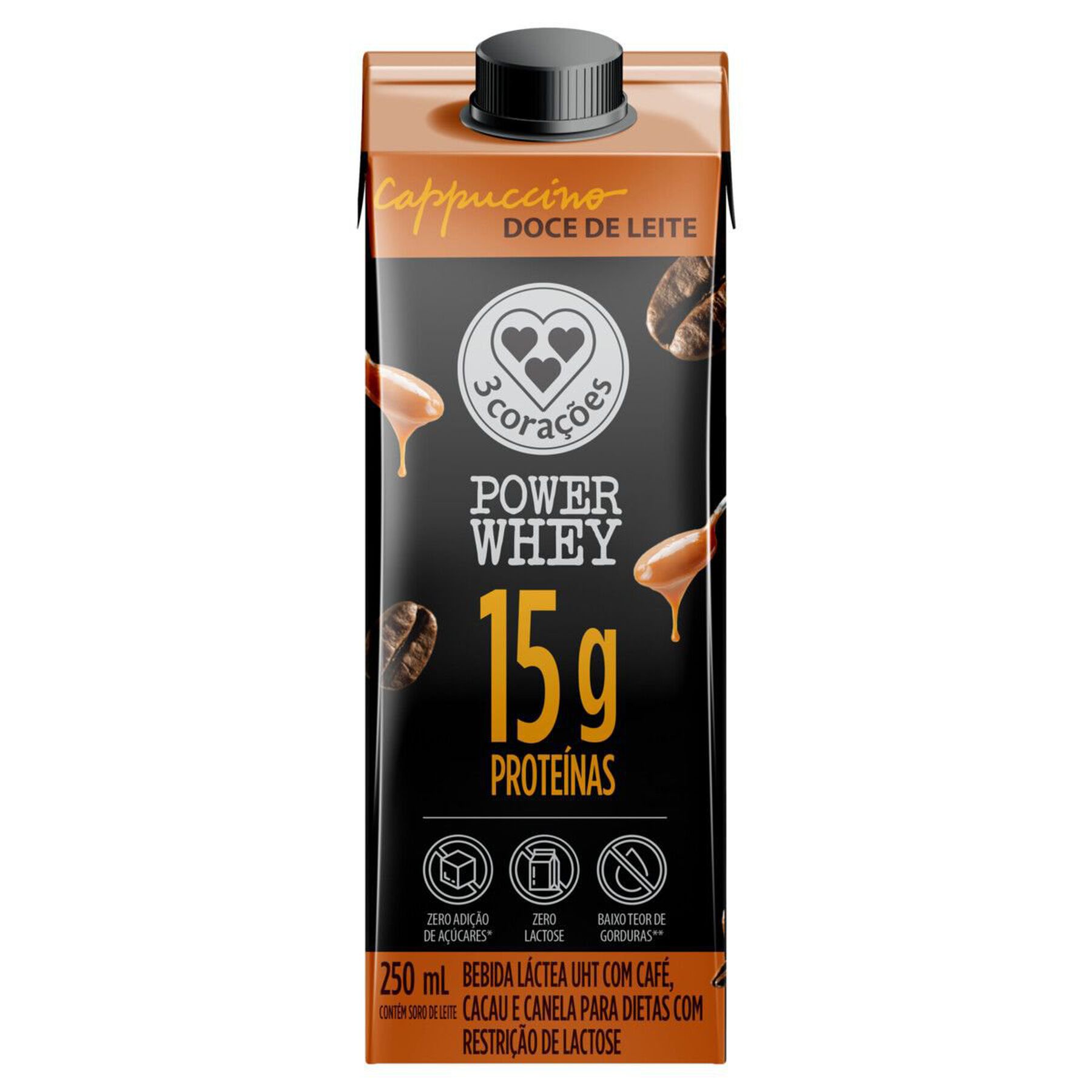 Bebida Láctea UHT Cappuccino Doce de Leite Power Whey 3 Corações Caixa 250ml