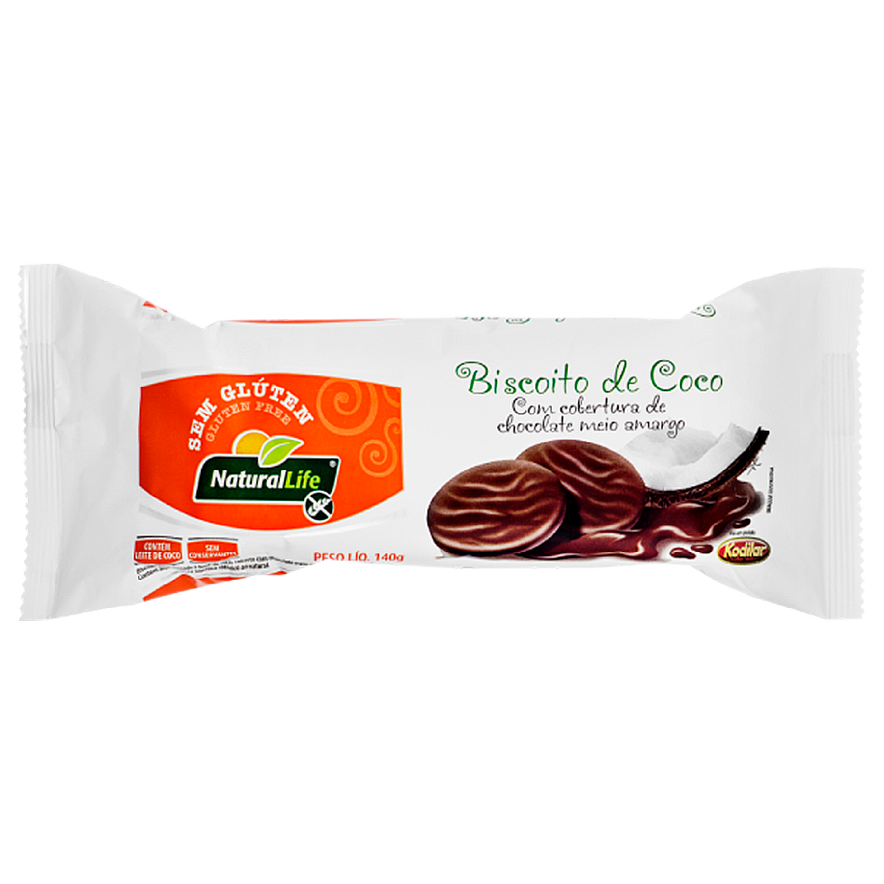 Biscoito de Coco Cobertura Chocolate Meio Amargo sem Gl&uacute;ten Kodilar Natural Life Pacote 140g