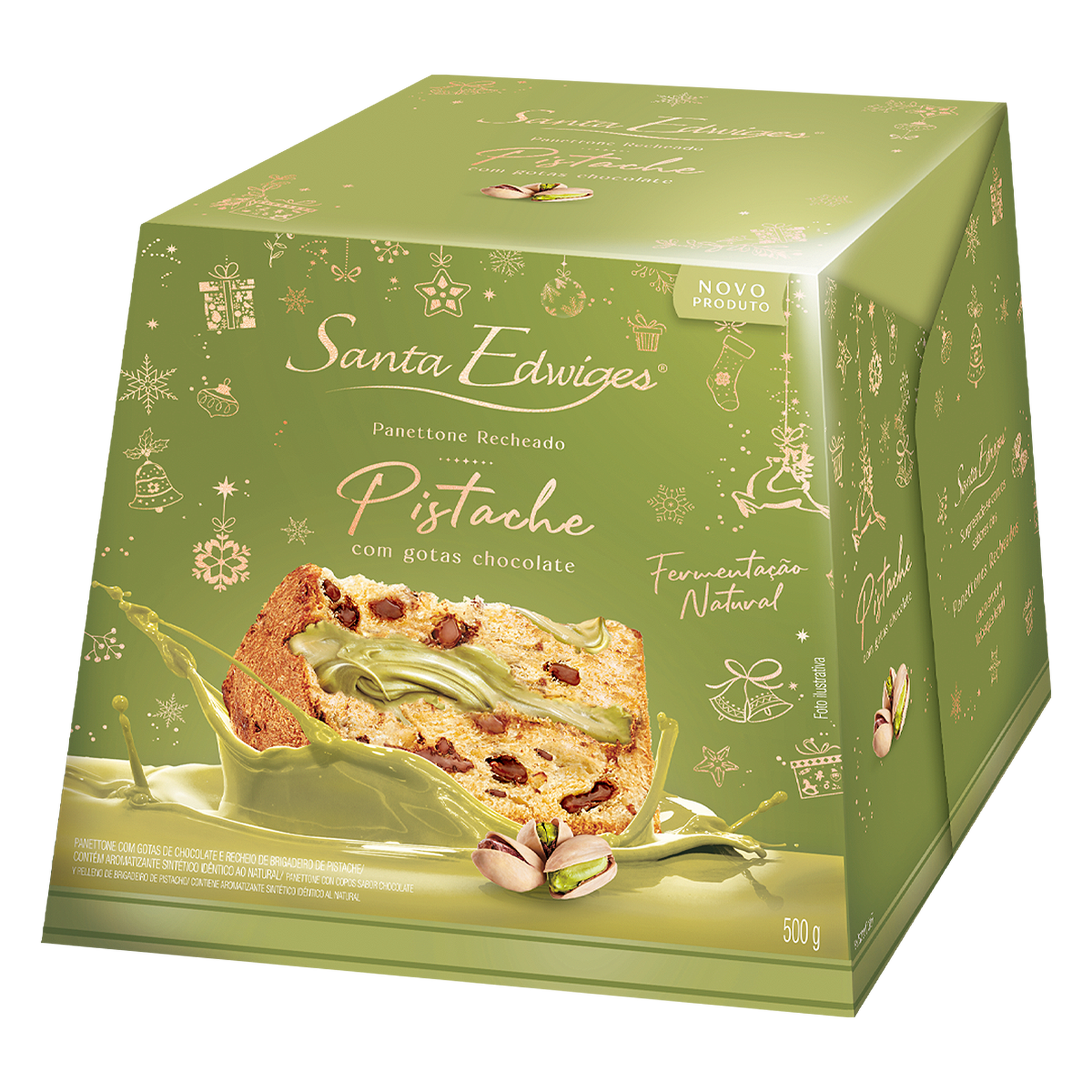 Panettone Recheado Pistache com Gotas Chocolate Santa Edwiges Caixa 500g 