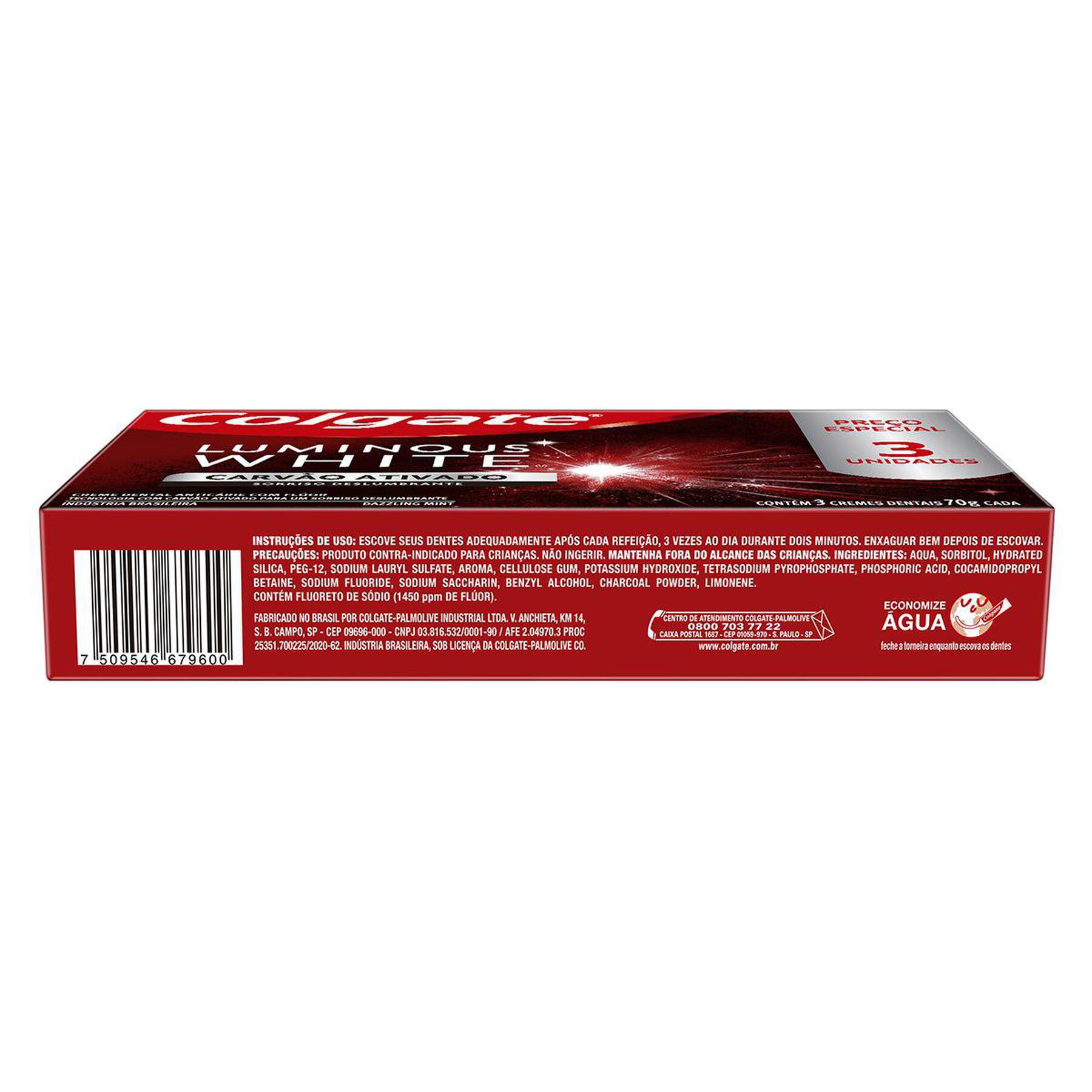 Creme Dental Clareador Colgate Luminous White Carvão Ativado 70g 3 unidades