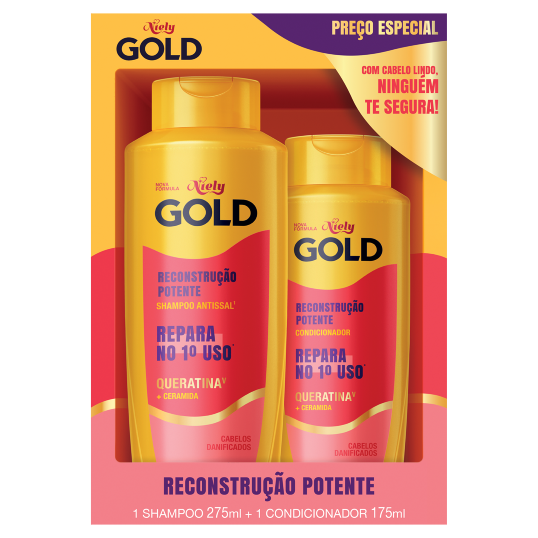 Kit Shampoo Antissal 275ml + Condicionador 175ml Niely Gold Reconstru&ccedil;&atilde;o Potente