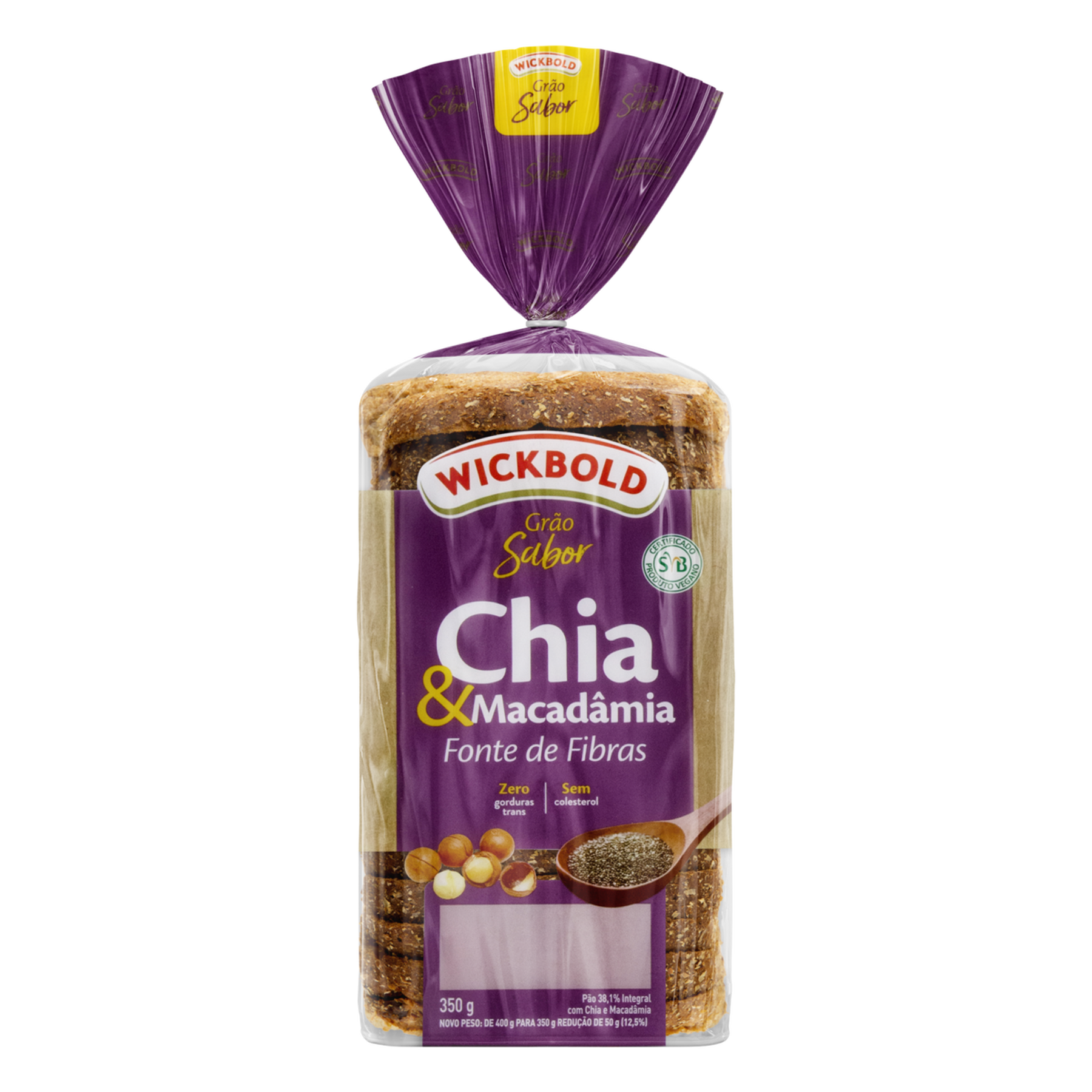 P&atilde;o de Forma Integral Chia e Macad&acirc;mia Vegano Wickbold Gr&atilde;o Sabor Pacote 350g