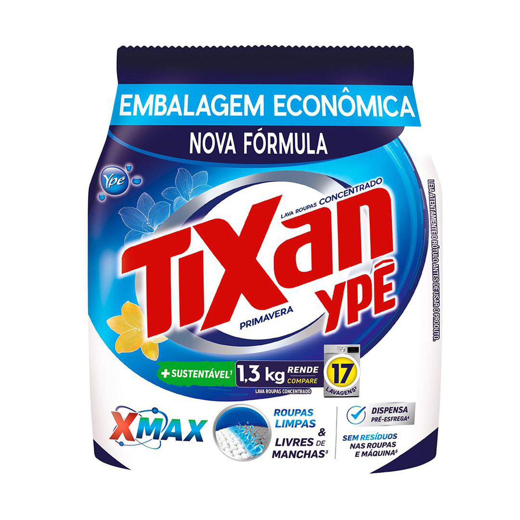 Sabão em Pó Concentrado Primavera Tixan Ypê Pacote 1,3kg Sabão em Pó Primavera Tixan Ypê Pacote 1.7kg Embalagem Econômica