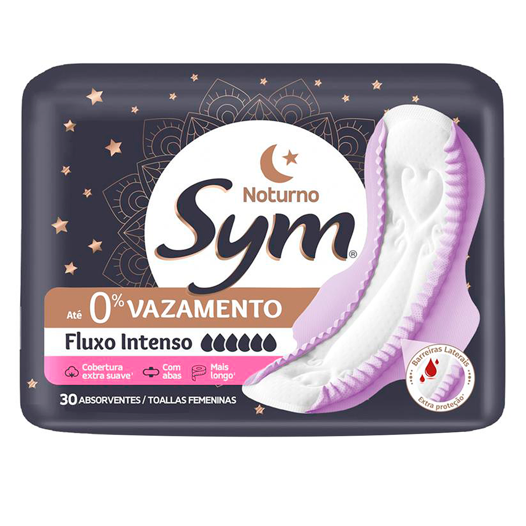 Absorvente com Abas Noite e Dia Ultrarrespir&aacute;vel Suave Premium Sym Pacote 30 Unidades Leve Mais Pague Menos