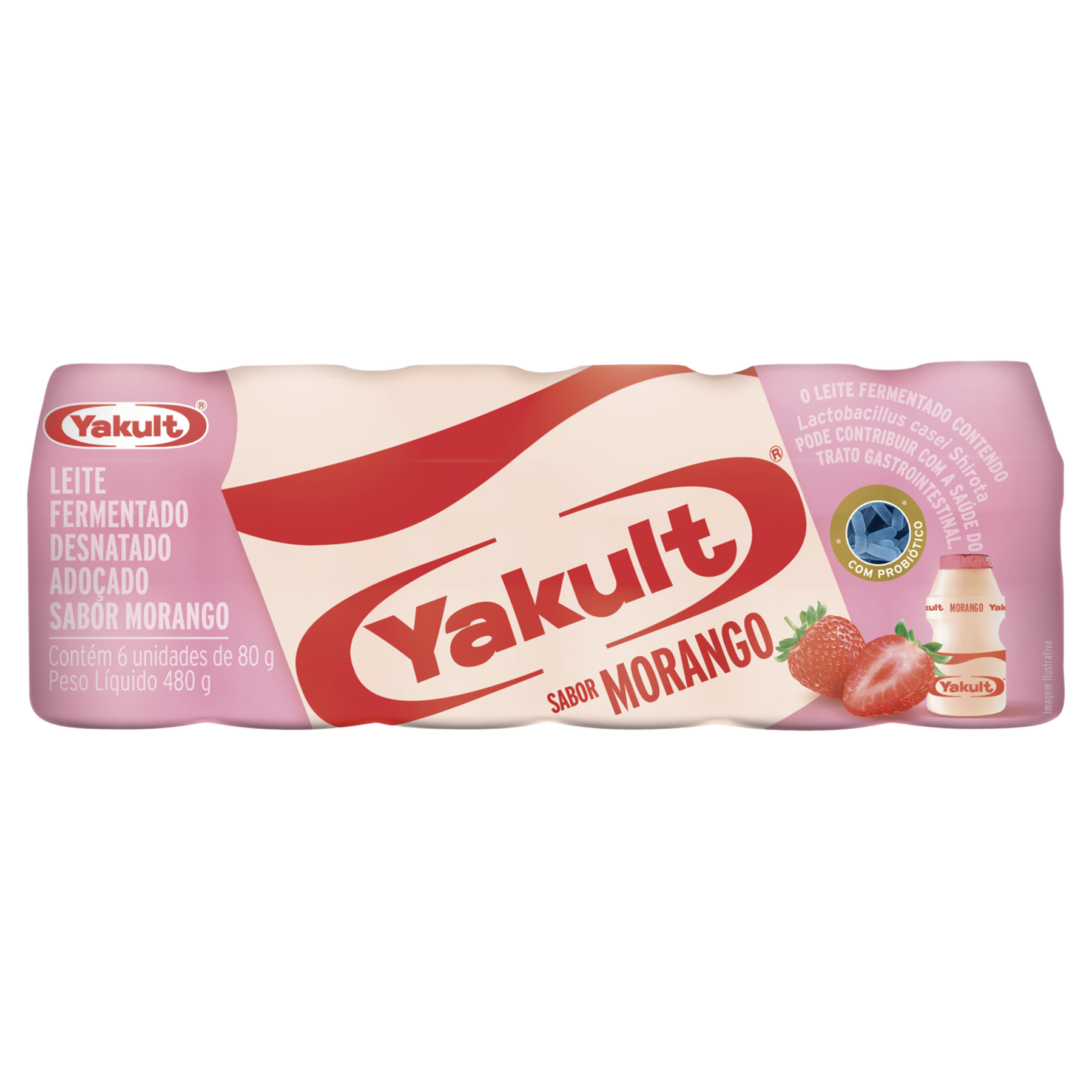 Pack Leite Fermentado Desnatado Morango Yakult Frasco 480g 6 Unidades