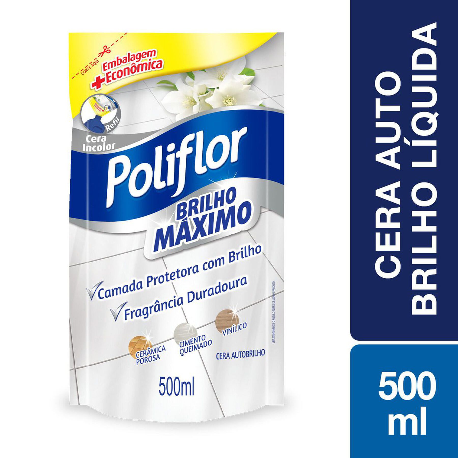 Cera L&iacute;quida Autobrilho Incolor Poliflor Brilho M&aacute;ximo Sach&ecirc; 500ml Refil Embalagem Econ&ocirc;mica