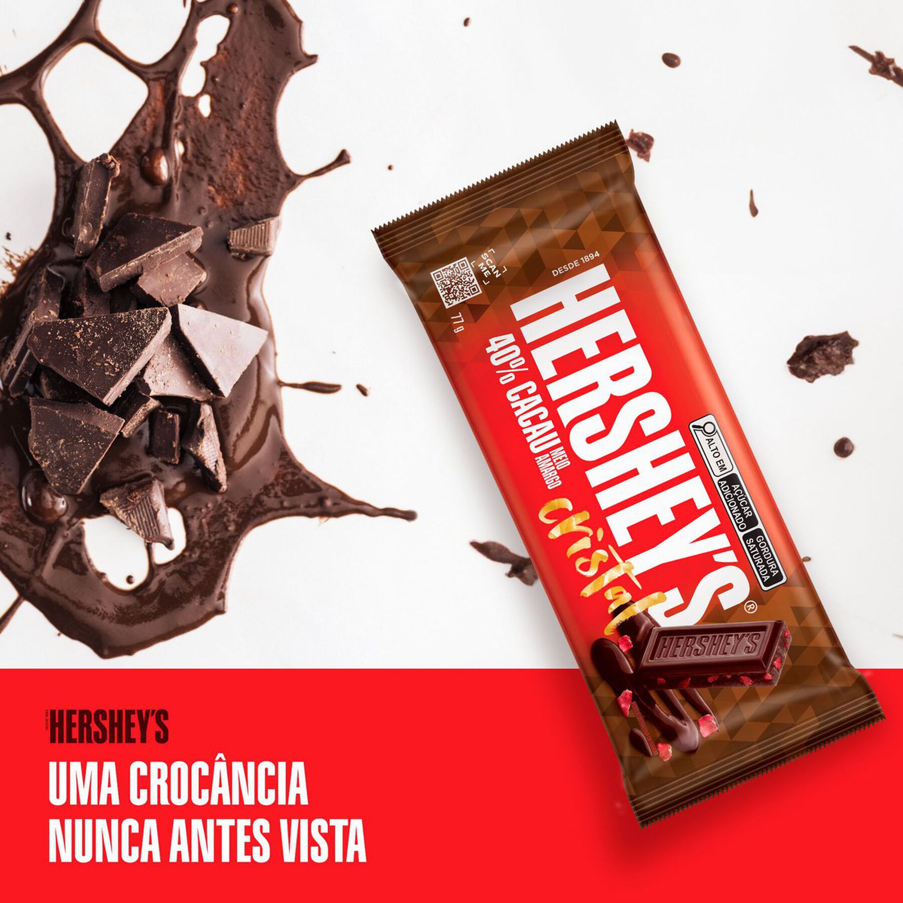 Barra de Chocolate Meio Amargo 40% Cacau Cristal Hershey's Pacote 77g