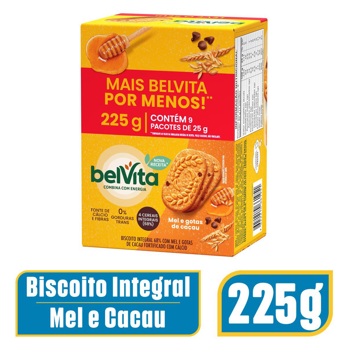 Biscoito Integral Mel e Gotas de Cacau Belvita Caixa 225g C/9 Unidades - Embalagem Leve Mais Pague Menos&nbsp;