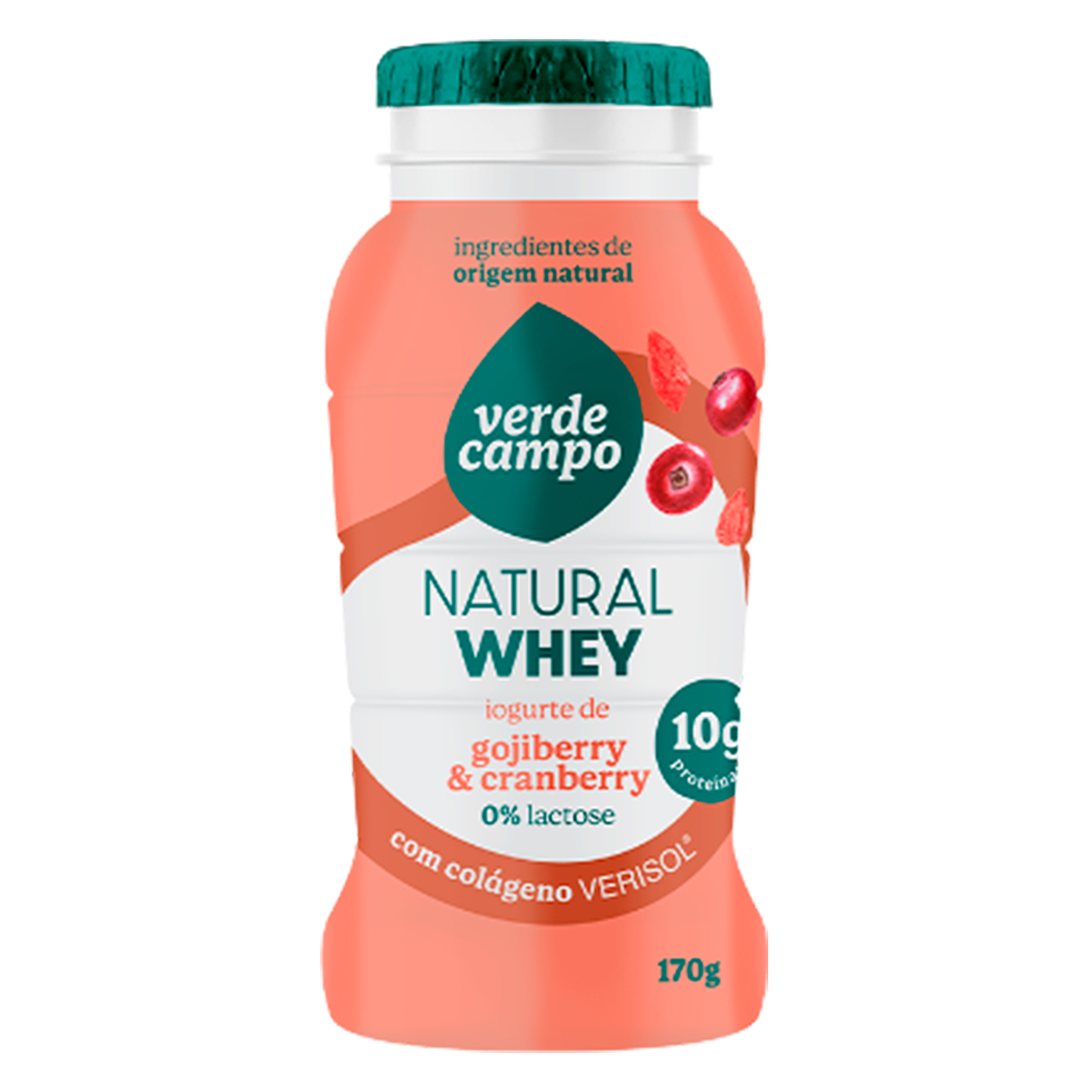 Iogurte Desnatado Cranberry e Goji Berry Verde Campo Natural Whey Frasco 170g