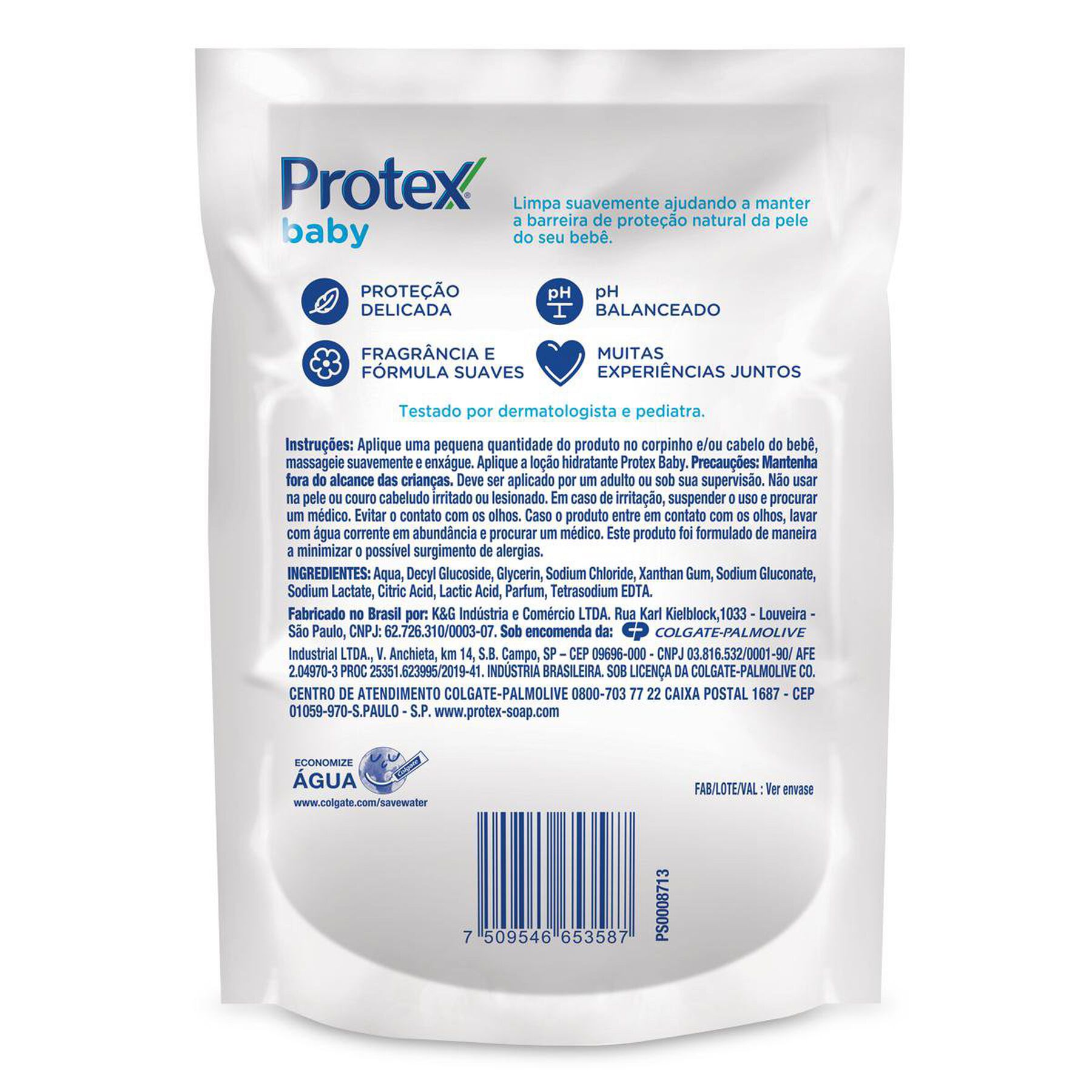Sabonete L&iacute;quido da Cabe&ccedil;a aos P&eacute;s Protex Baby Prote&ccedil;&atilde;o Delicada Sach&ecirc; 180ml Refil