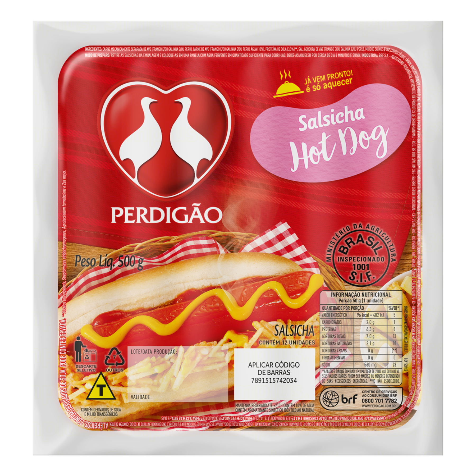 Salsicha Hot-Dog Perdigão 500g C/12 Unidades 