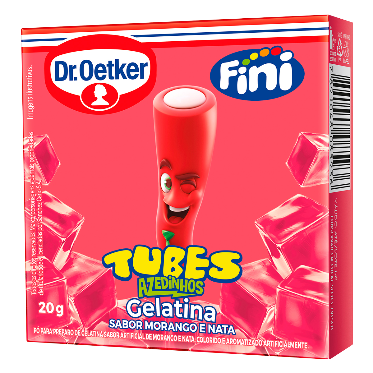 Gelatina em P&oacute; Tubes Azedinhos Morango e Nata Fini Dr. Oetker Caixa 20g