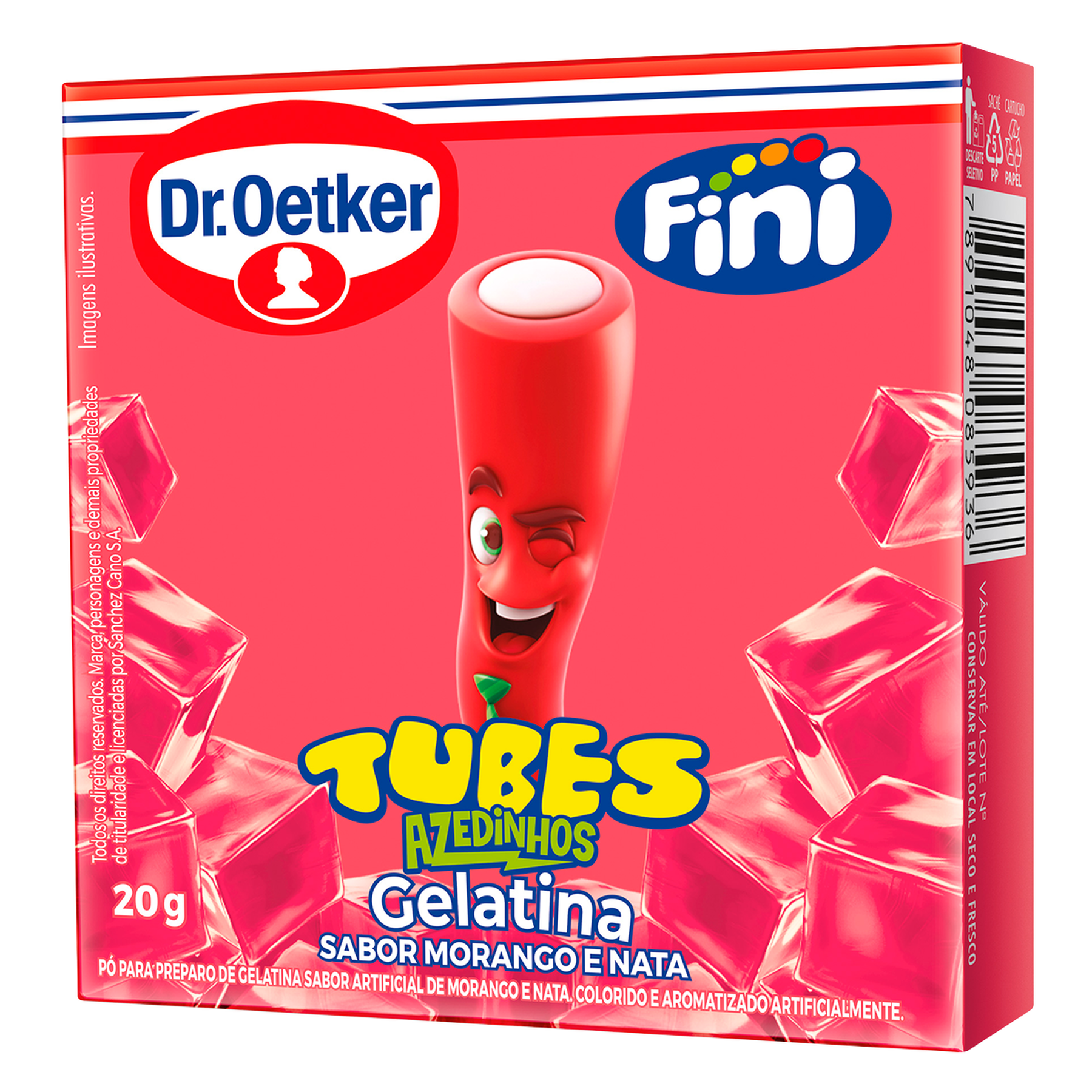 Gelatina em P&oacute; Tubes Azedinhos Morango e Nata Fini Dr. Oetker Caixa 20g