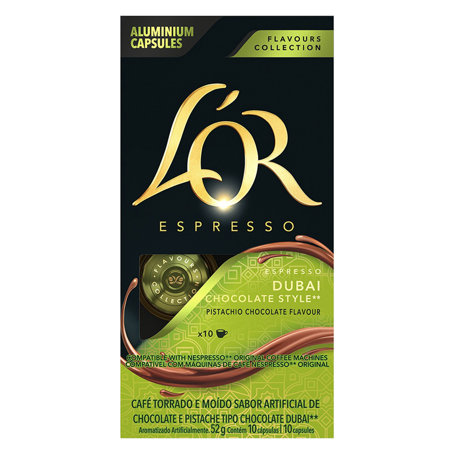 Caf&eacute; em C&aacute;psula Espresso Dubai Chocolate Style e Pistache L'or Flavors Collection Caixa 52g C/10 Unidades
