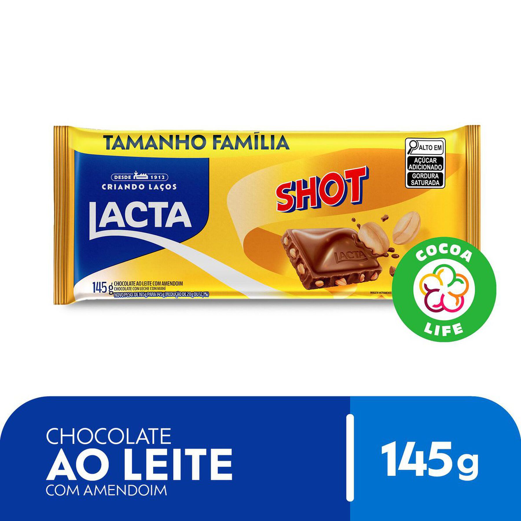 Barra de Chocolate ao Leite com Amendoim Shot Lacta Pacote 145g - Embalagem Tamanho Fam&iacute;lia