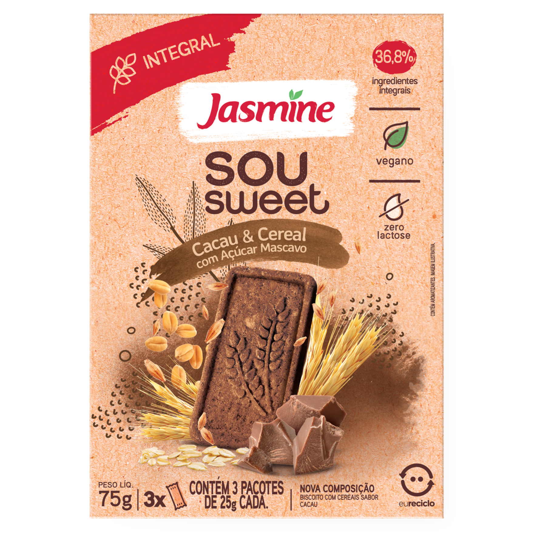Biscoito Vegano Integral Cacau e Cereais Sou Sweet Jasmine Caixa 75g