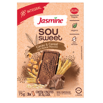 Biscoito Vegano Integral Cacau e Cereais Sou Sweet Jasmine Caixa 75g