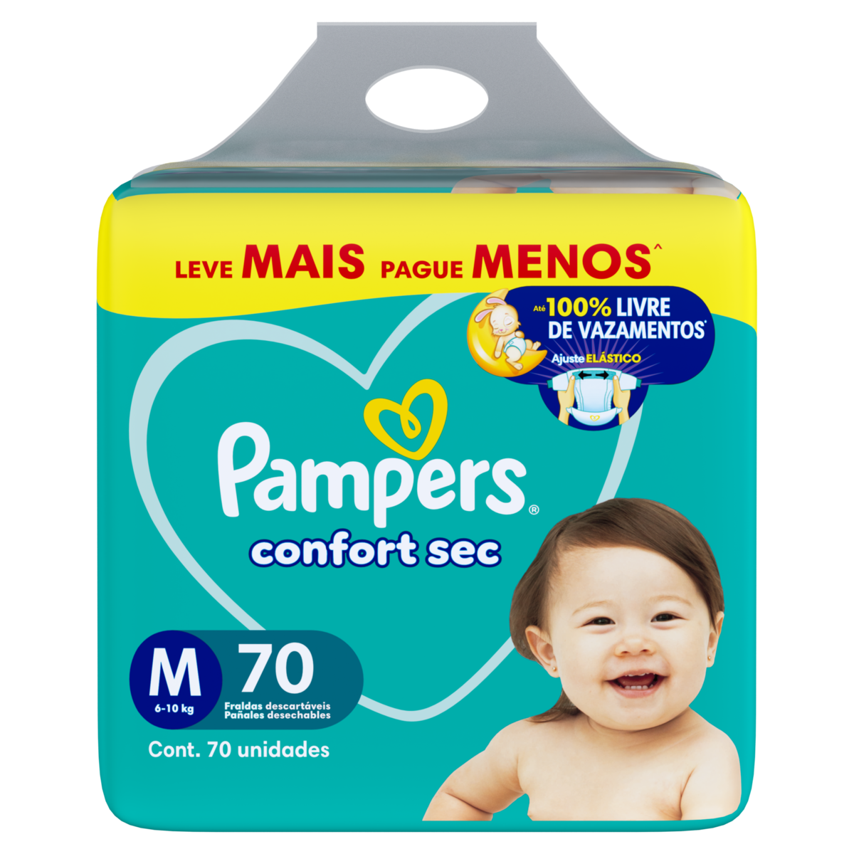 Fralda Descart&aacute;vel Infantil Confort Sec Pampers Tam. M Pacote C/70 Unidades - Embalagem Leve Mais Pague Menos