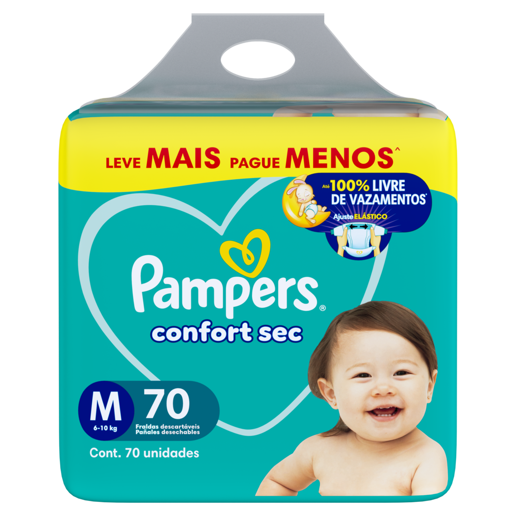 Fralda Descart&aacute;vel Infantil Confort Sec Pampers Tam. M Pacote C/70 Unidades - Embalagem Leve Mais Pague Menos