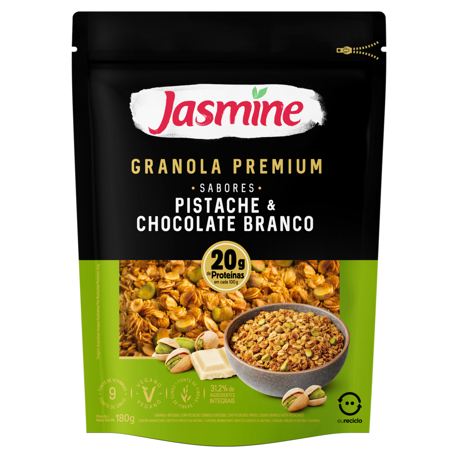 Granola Integral Premium Pistache e Chocolate Branco Jasmine Pouch 180g