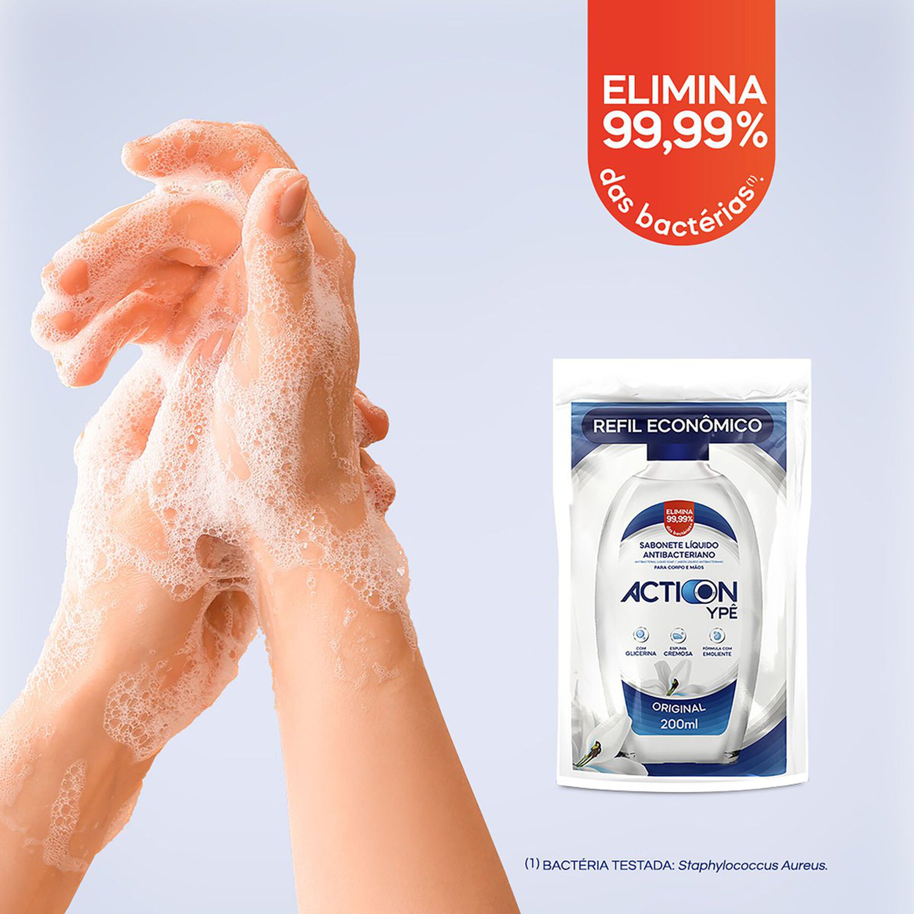 Sabonete Líquido Antibacteriano Original Action Ypê Sachê 200ml - Embalagem Refil Econômico