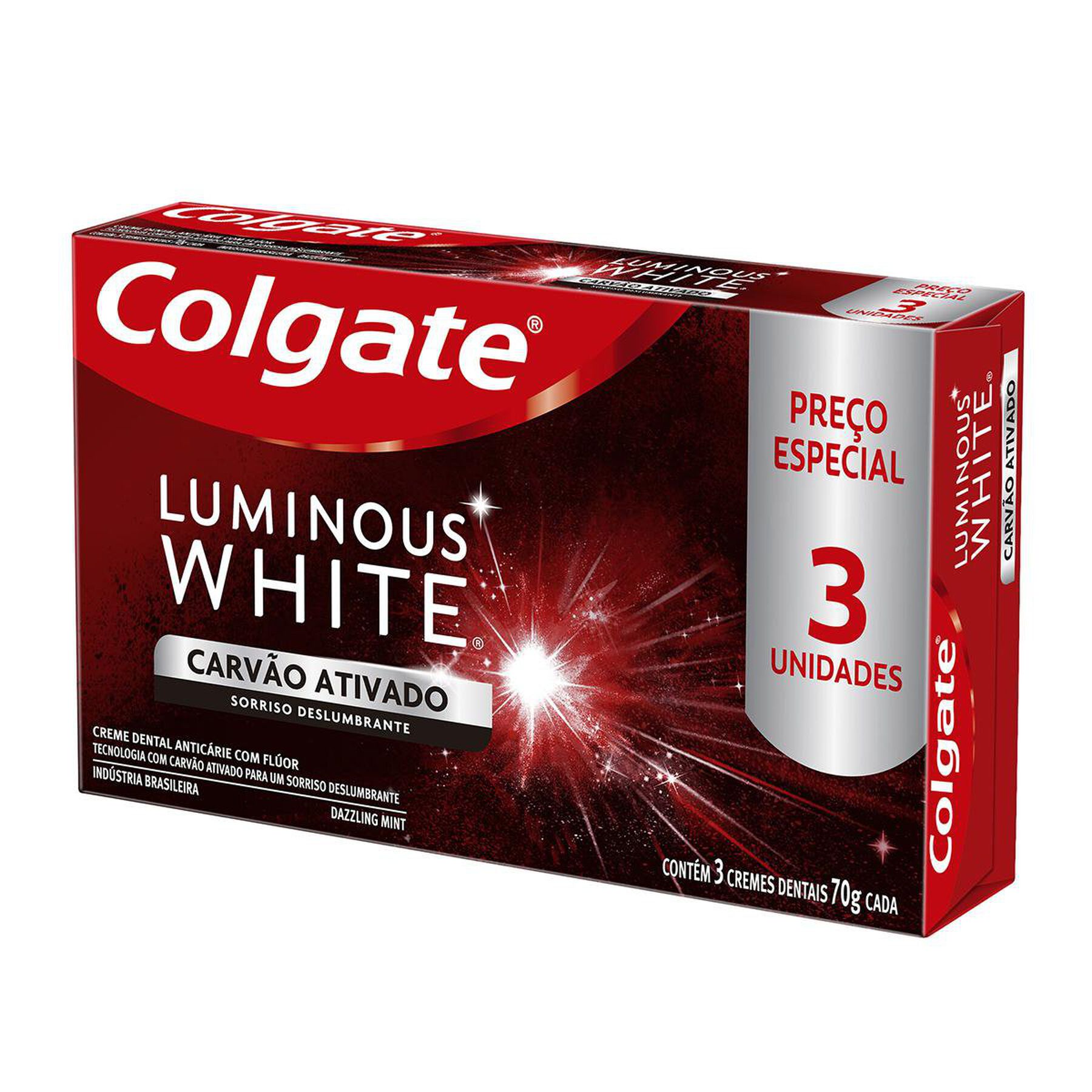 Creme Dental Clareador Colgate Luminous White Carvão Ativado 70g 3 unidades