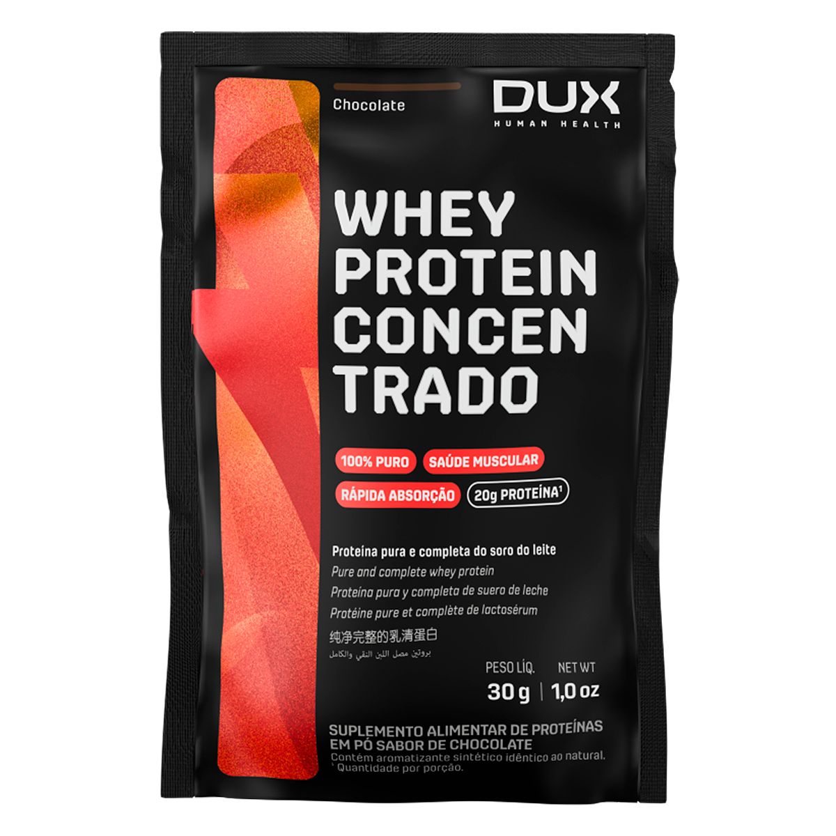 Suplemento em P&oacute; Whey Protein Concentrado Chocolate Dux Human Health Pacote 30g