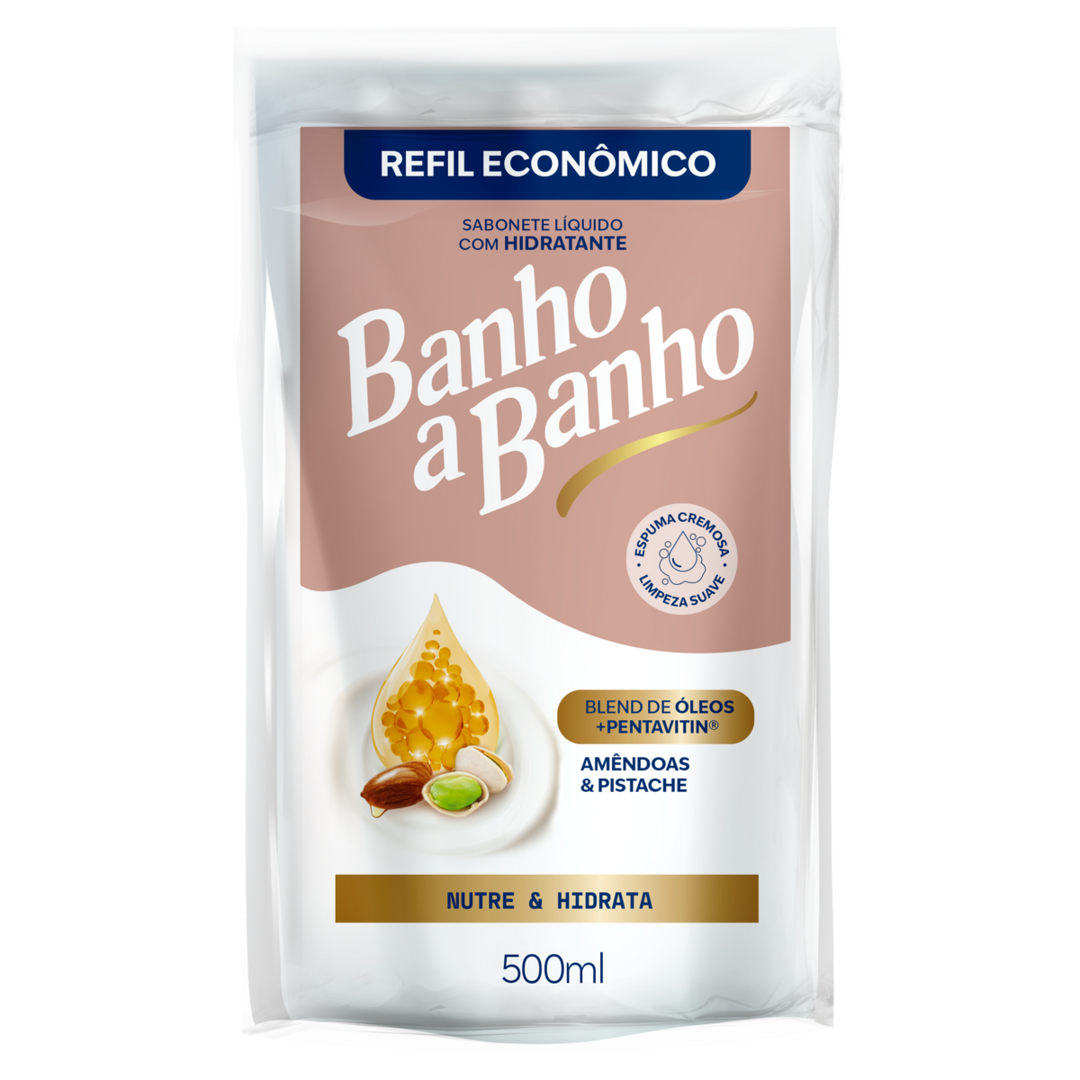 Sabonete L&iacute;quido Hidratante Am&ecirc;ndoas e Pistache Banho a Banho Sach&ecirc; 500ml - Refil Econ&ocirc;mico