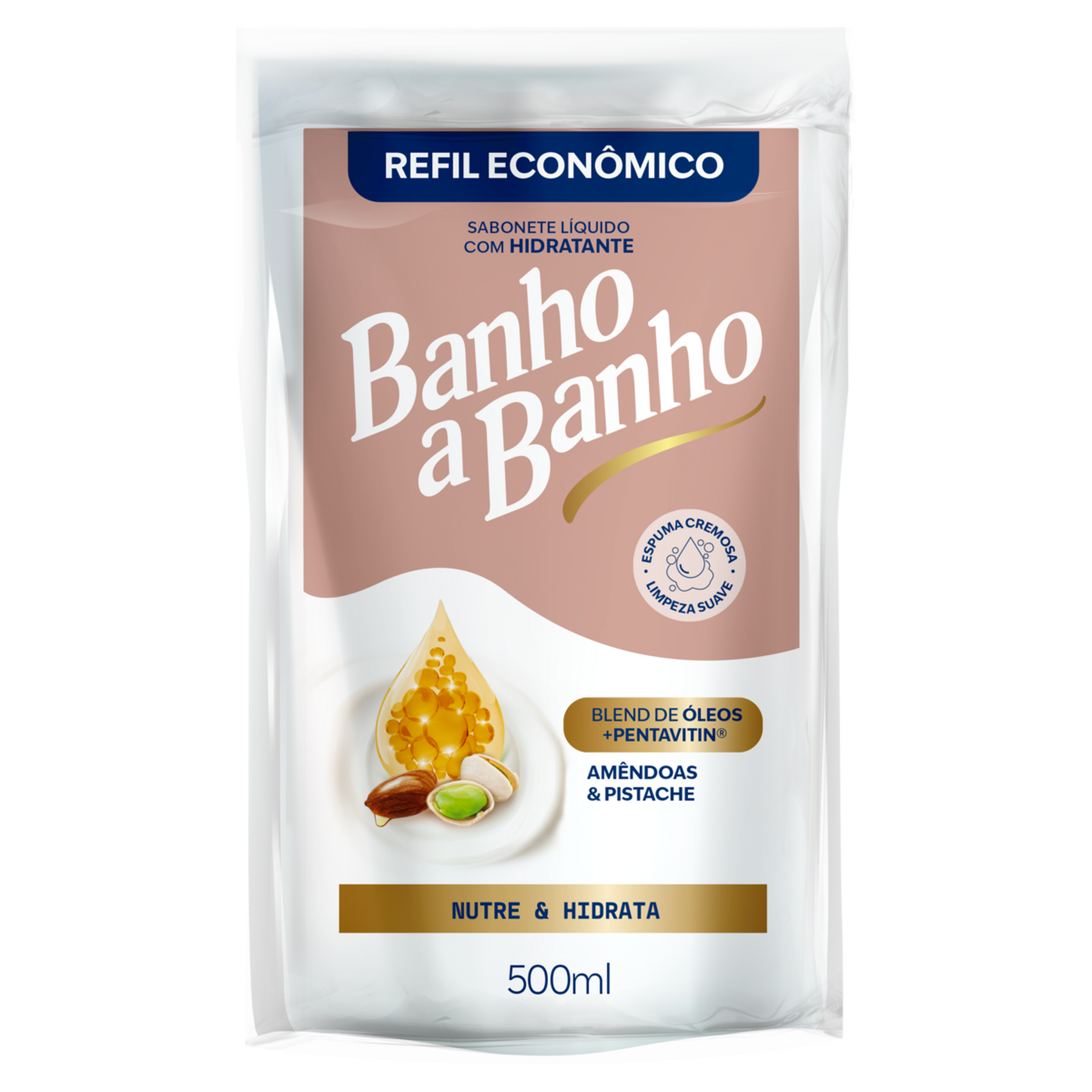 Sabonete L&iacute;quido Hidratante Am&ecirc;ndoas e Pistache Banho a Banho Sach&ecirc; 500ml - Refil Econ&ocirc;mico