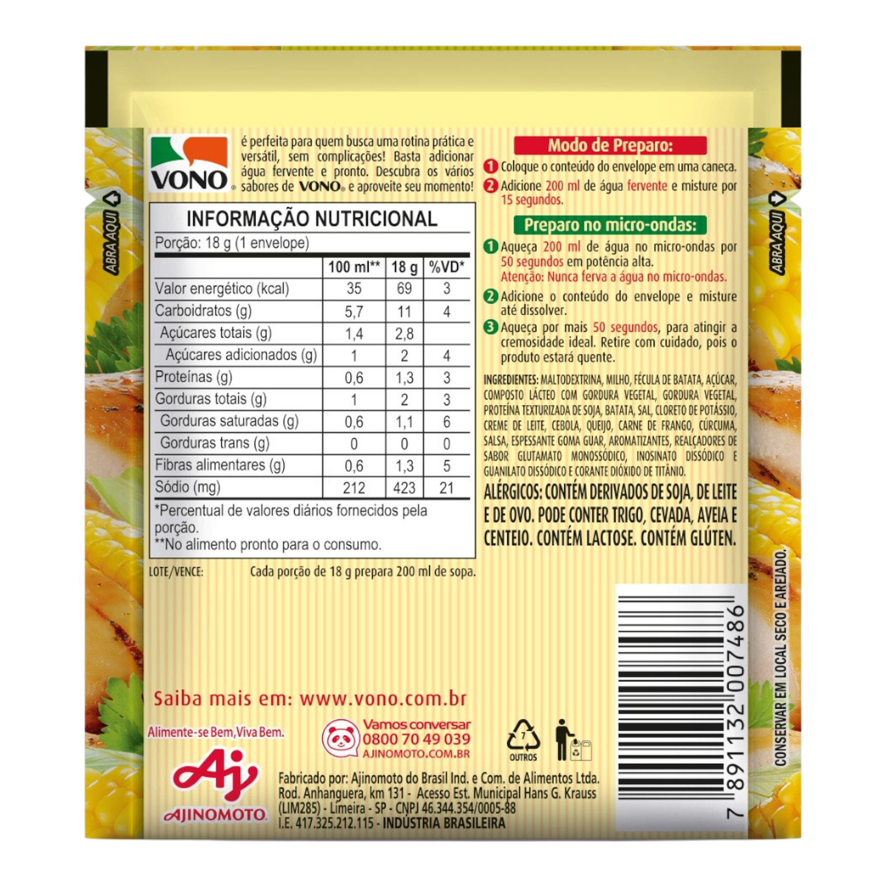 Sopa Individual Cremosa Milho com Frango Vono Sach&ecirc; 18g