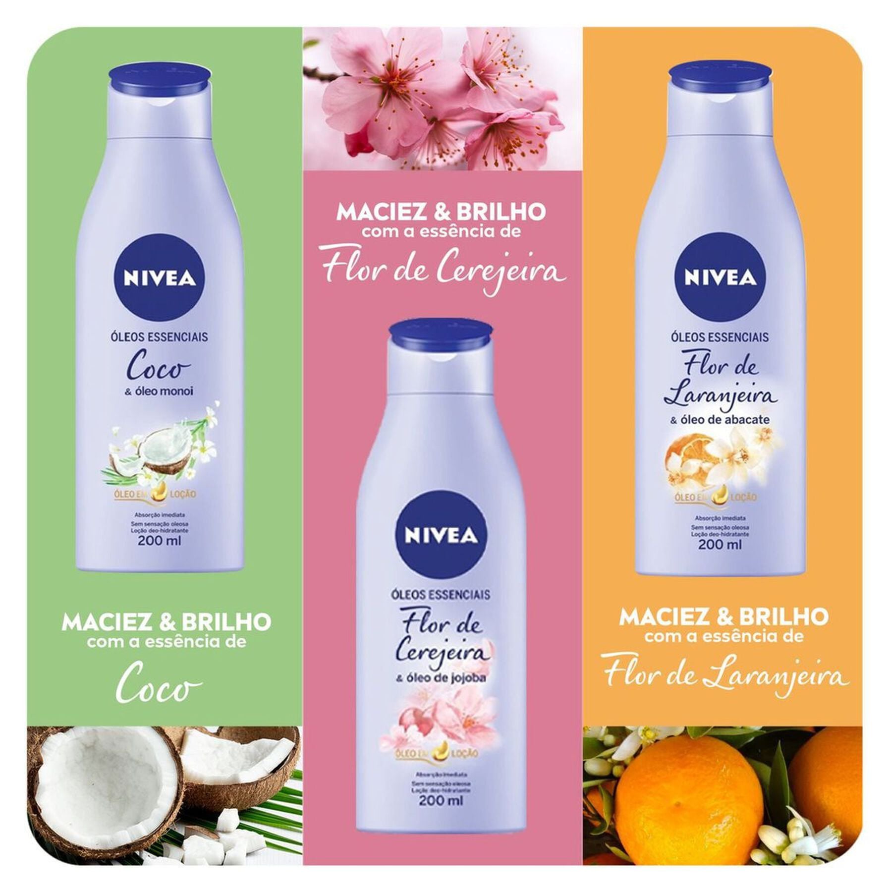 Lo&ccedil;&atilde;o Deo-Hidratante Flor de Laranjeira & &Oacute;leo de Abacate Nivea &Oacute;leos Essenciais Frasco 200ml&nbsp;