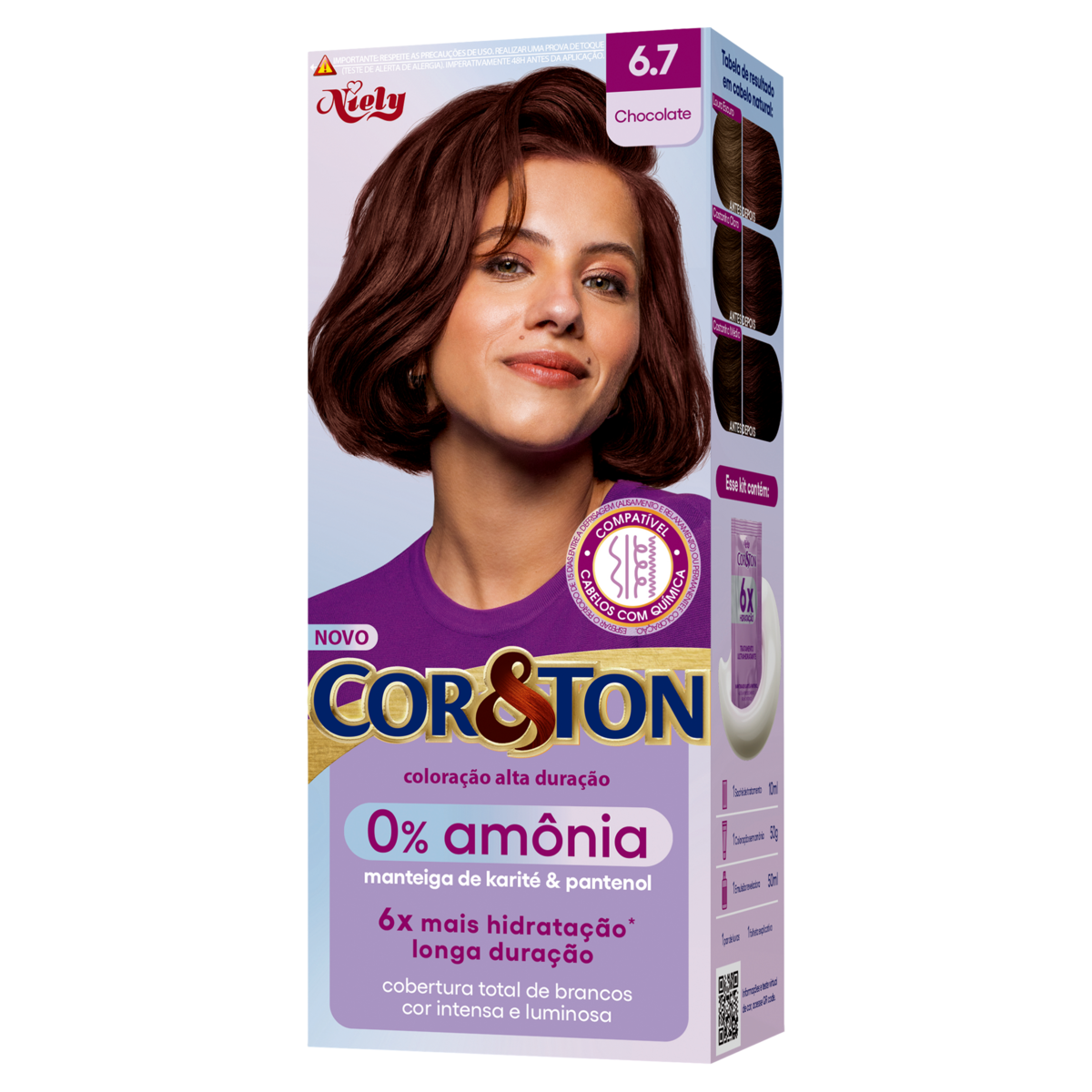Kit Colora&ccedil;&atilde;o Creme 6.7 Chocolate 0% Am&ocirc;nia Niely Cor&Ton
